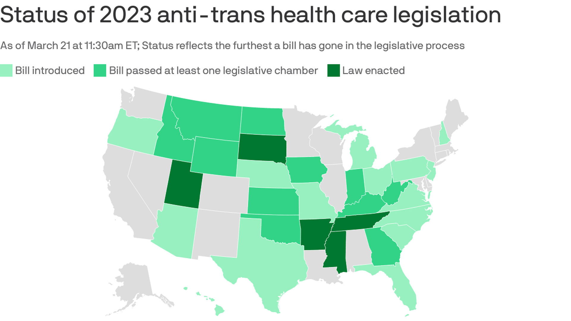 This is a map showing anti-transgender legislation by state.
