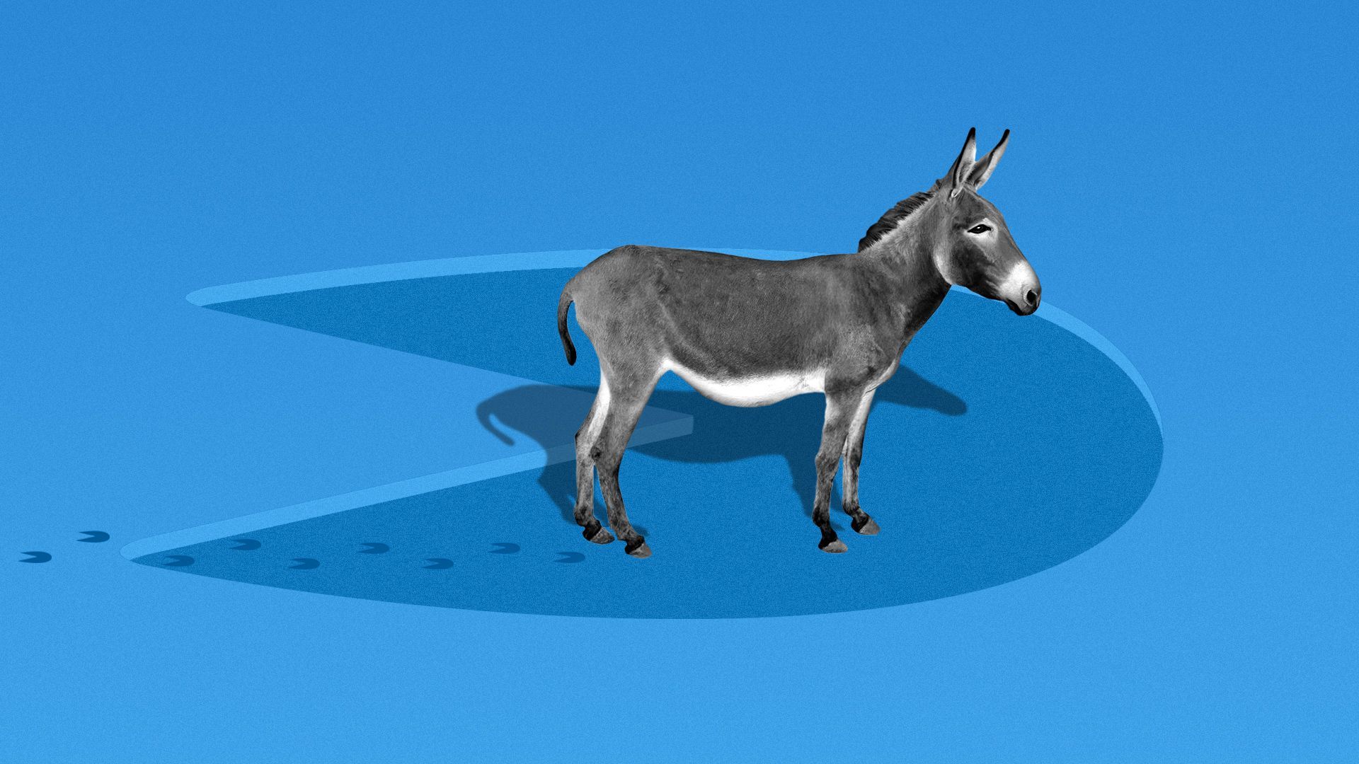 Illustration of a donkey standing in a large donkey hoof print. 