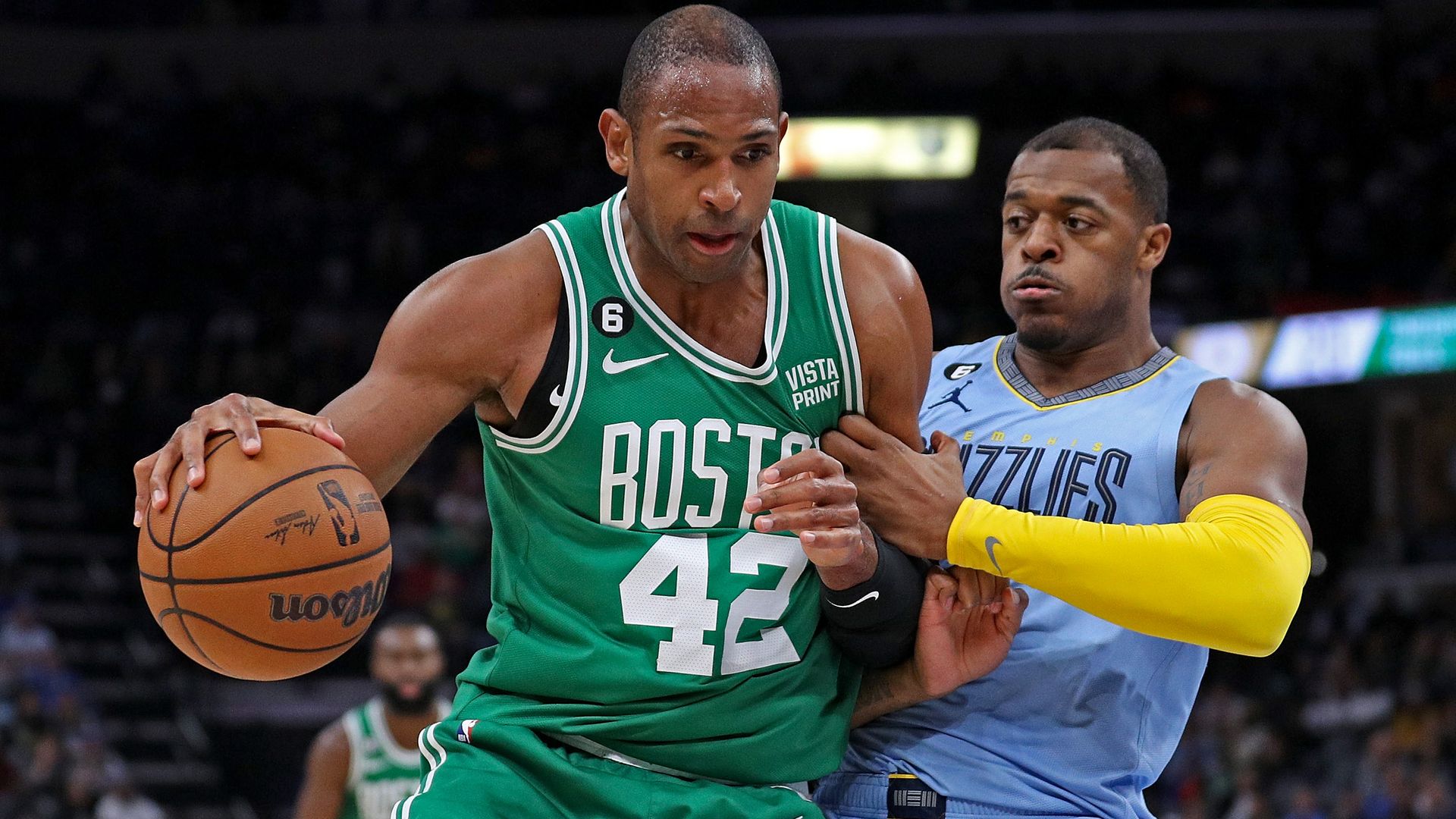 Al Horford (Celtics) posts up on Xavier Tillman Sr. (Grizzlies) earlier this season before the Celtics traded for Tillman Sr. 