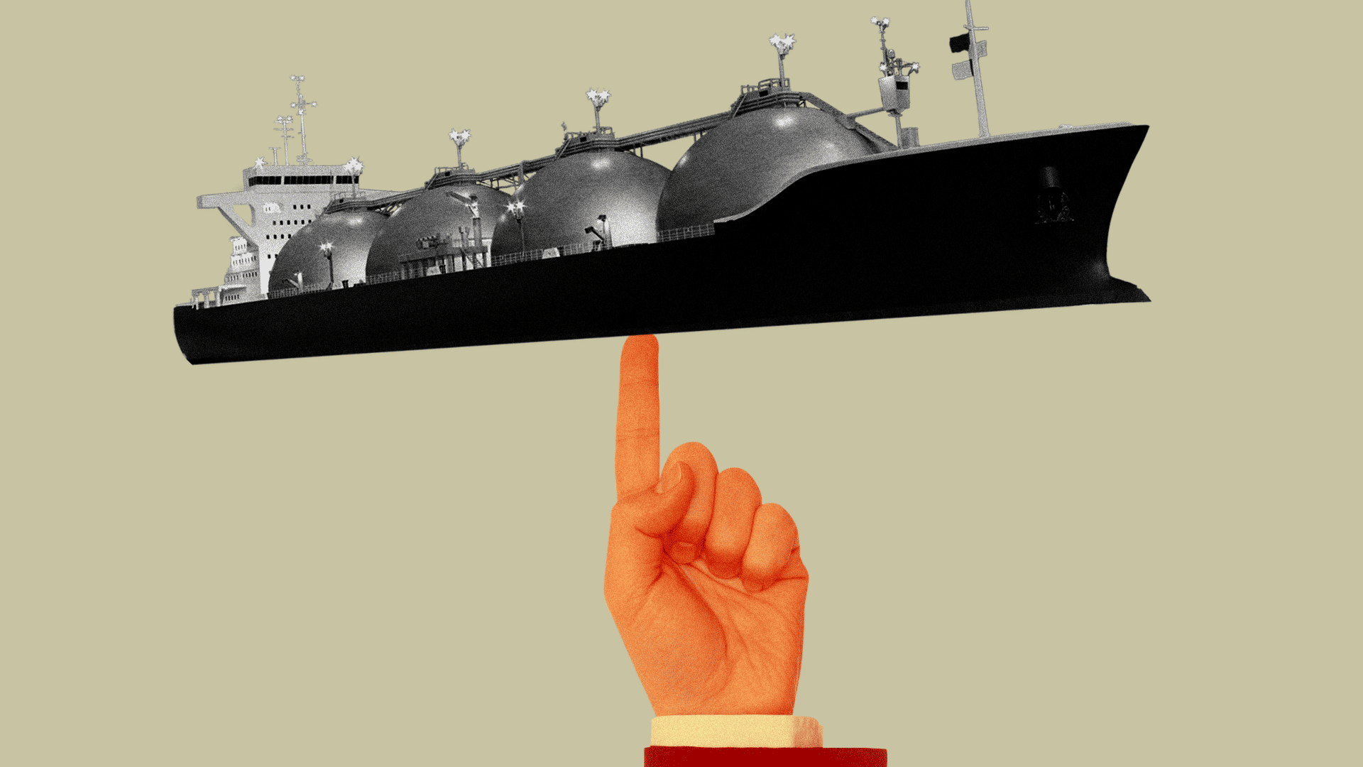 Illustration of a liquefied natural gas tanker wobbling atop a pointed finger