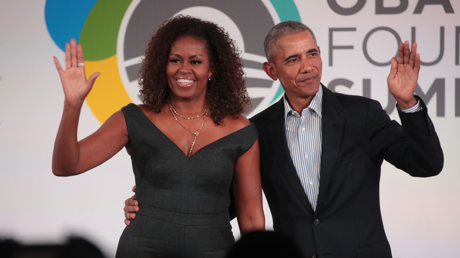 Former U.S. President Barack Obama and his wife Michelle close the Obama Foundation Summit together on the campus of the Illinois Institute of Technology on October 29, 2019 in Chicago
