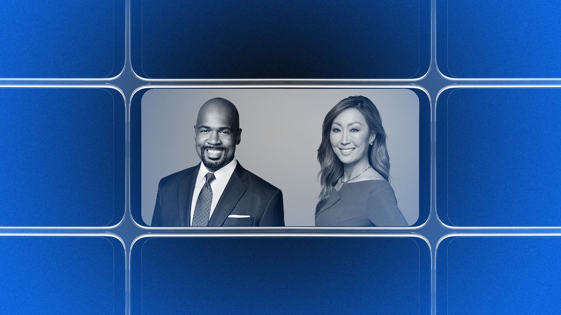 Photo illustration of a grid of smartphone screens, the center one showing an image of Amara Walker and Victor Blackwell.