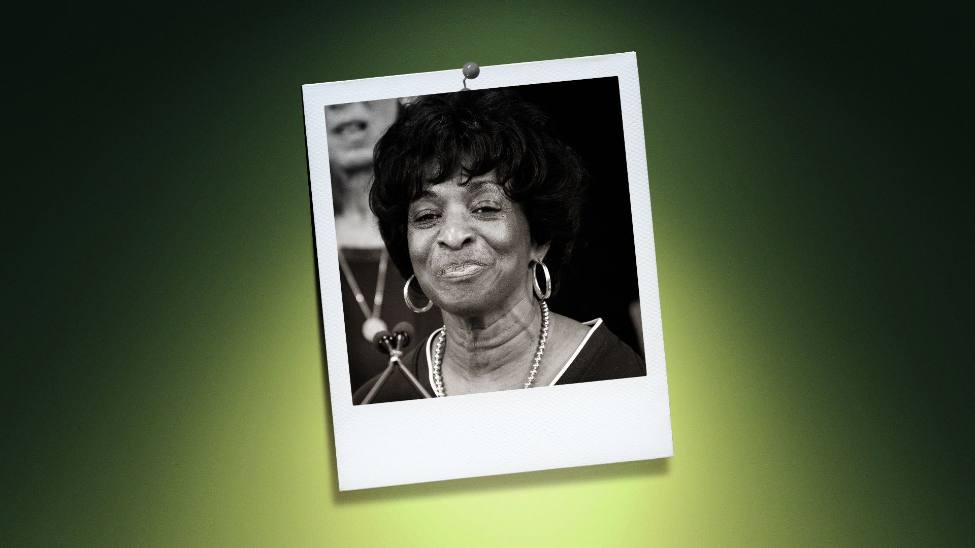 Photo illustration of Valerie Foushee in a polaroid-style frame on a lime green background.