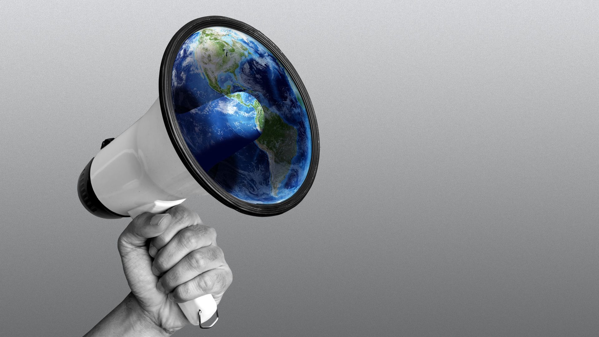 Illustration of a hand holding a bullhorn with an earth in the center