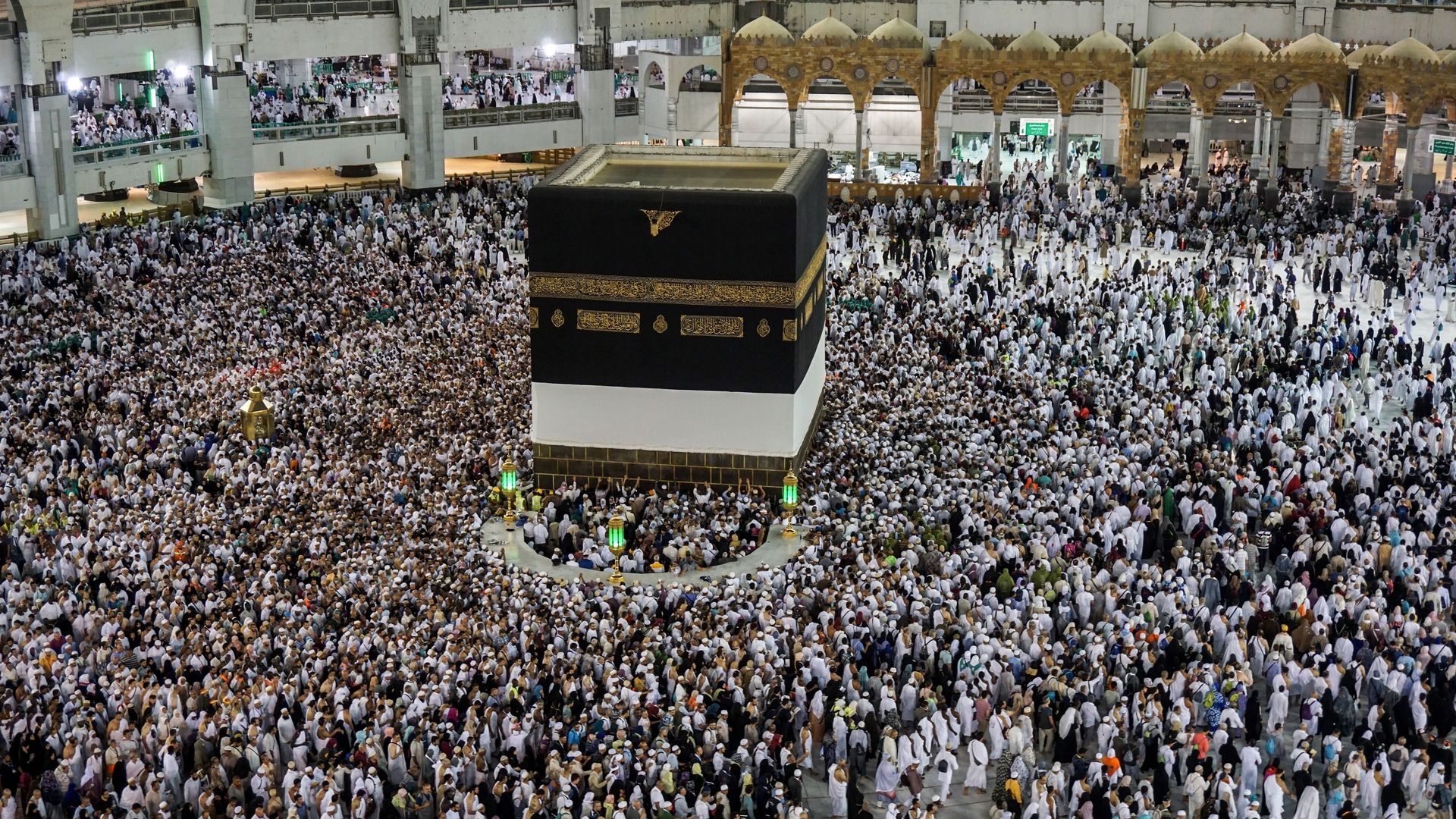Muslims walk around the Kaaba in Mecca, Saudi Arabia