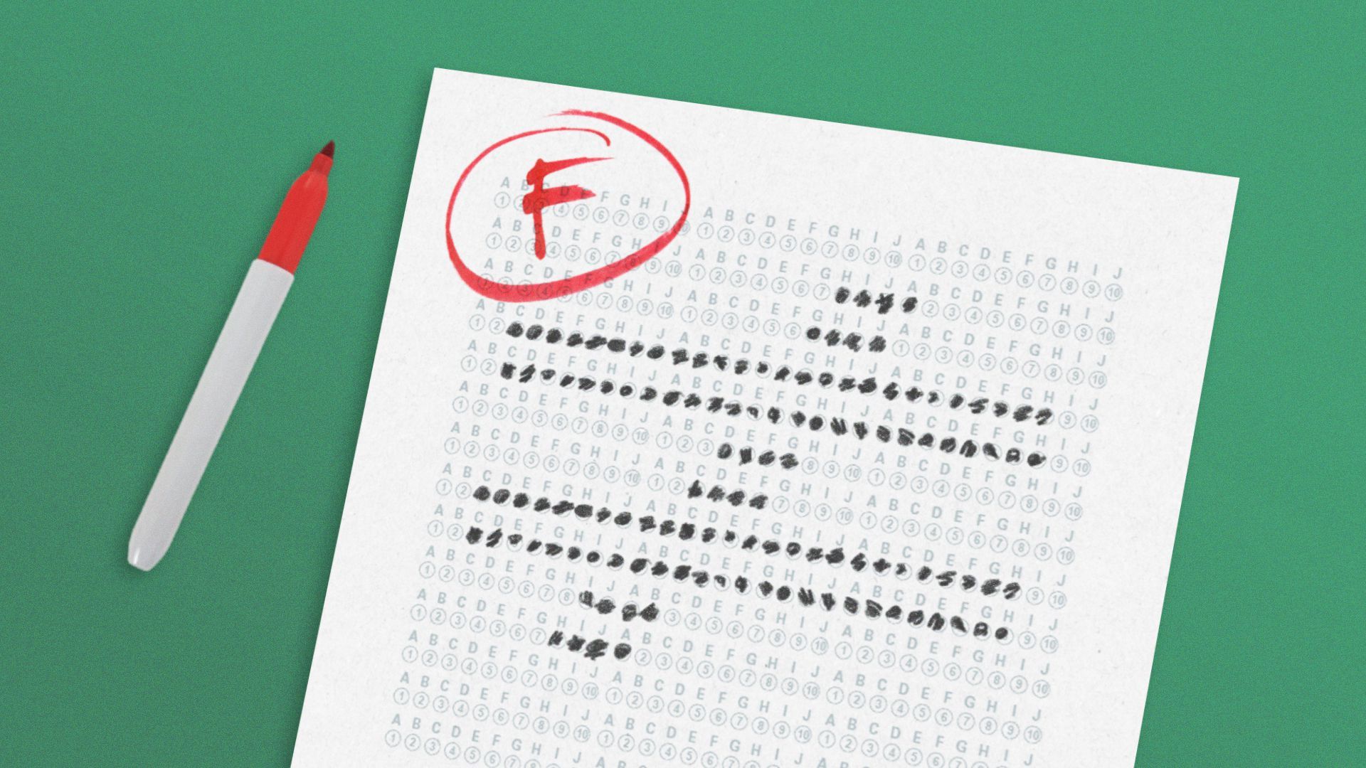 Illustration of standardized test filled out as ≠ with an F grade. 