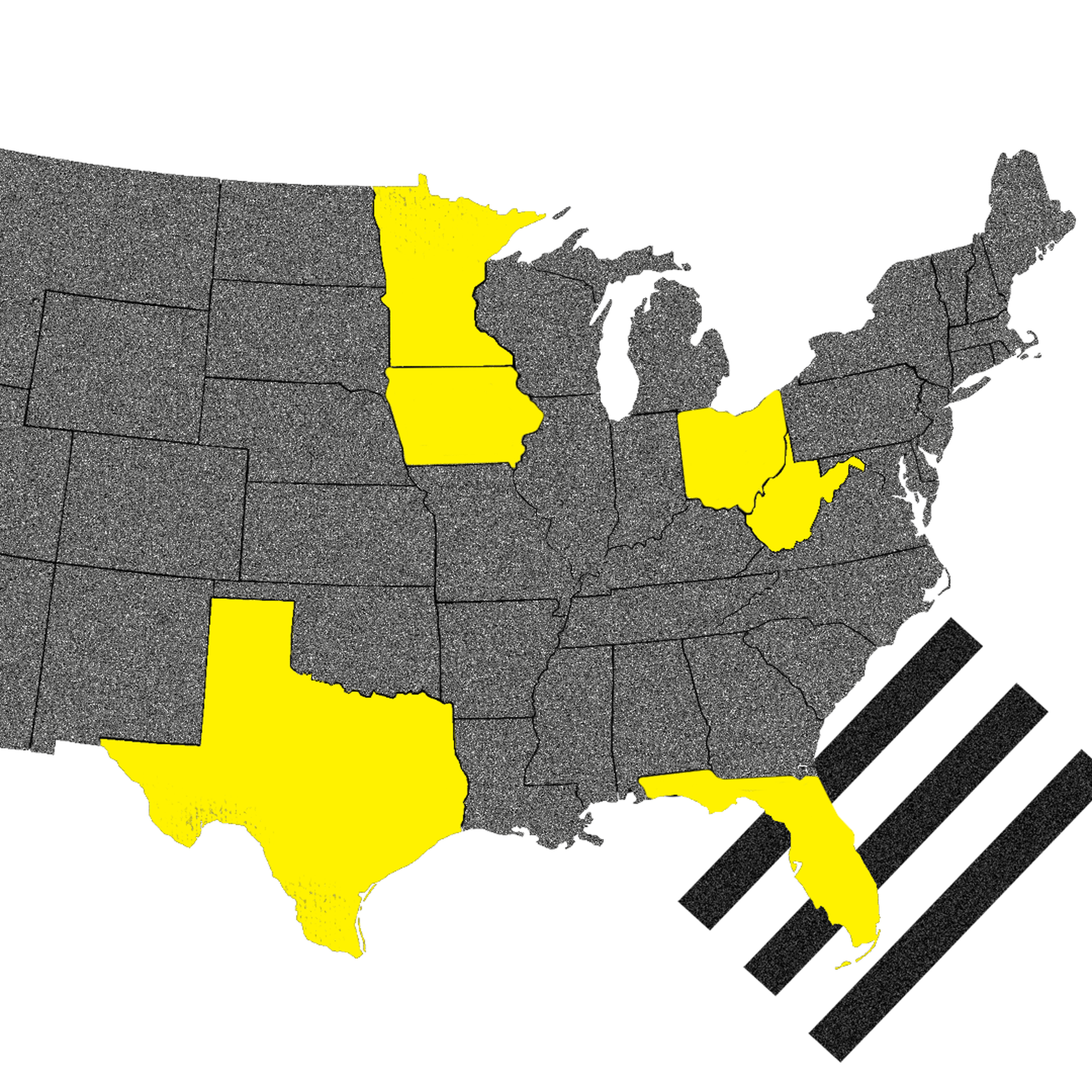 A map of the United States with the Axios 8 states highlighted