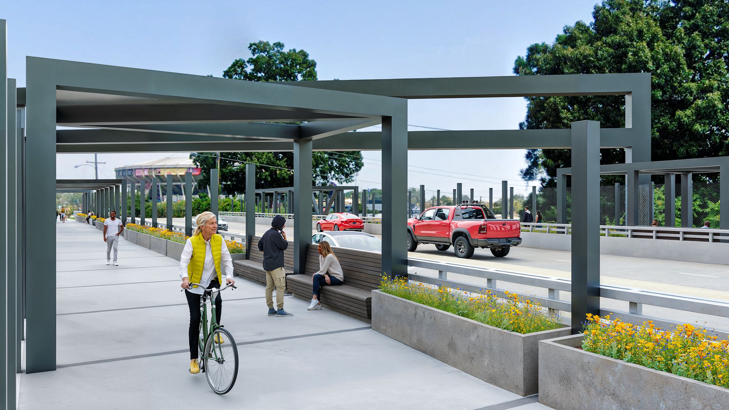 a rendering of a bridge that  shows people on it 