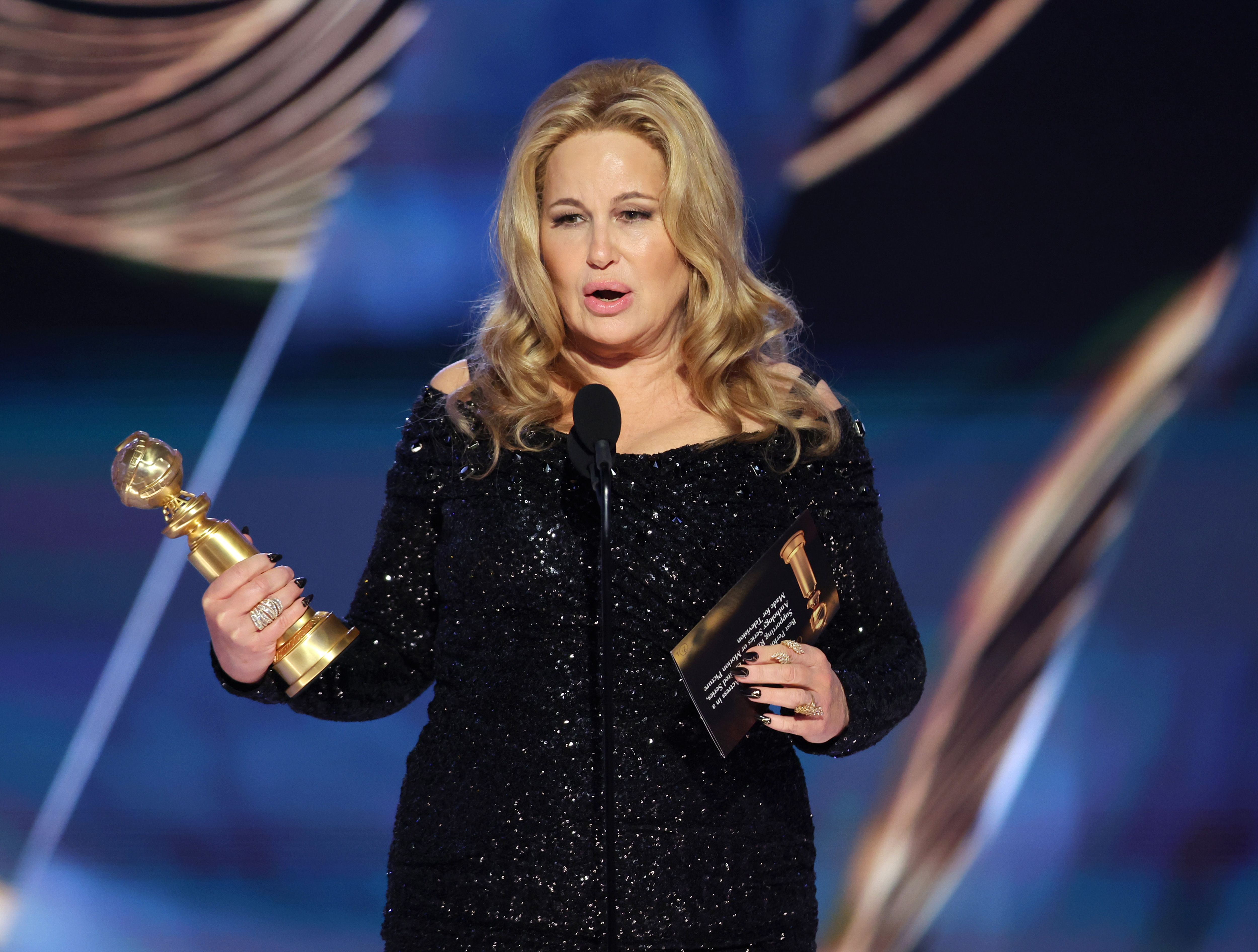 Jennifer Coolidge accepts the Best Supporting Actress in a Limited or Anthology Series or TV Film award for "The White Lotus" onstage at the Golden Globes on January 10 in Beverly Hills.