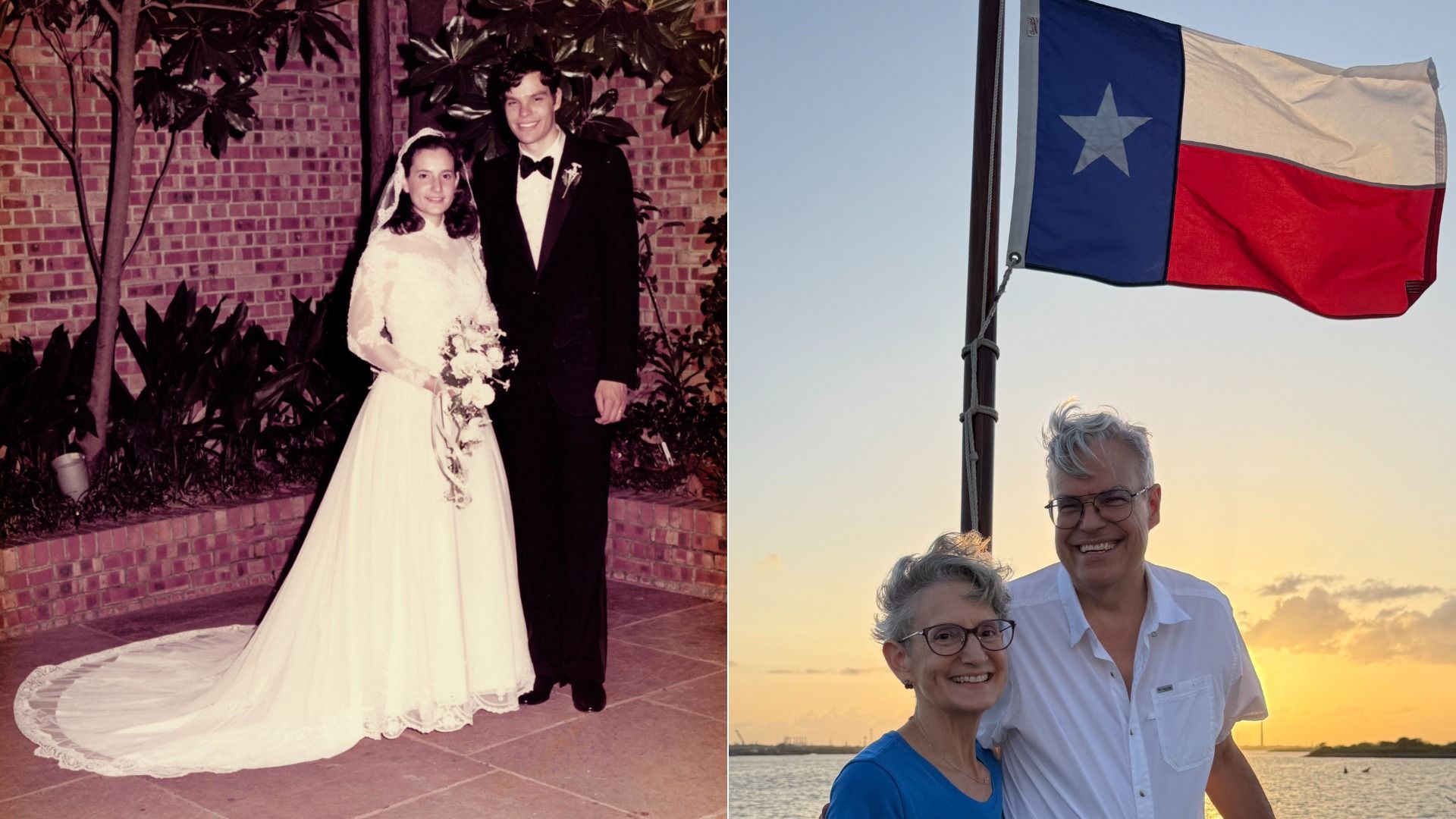 Side-by-side photos of a couple: left, young at their wedding with the bride in a white gown and groom in a black tux; right, older smiling by a Texas flag at sunset near water.