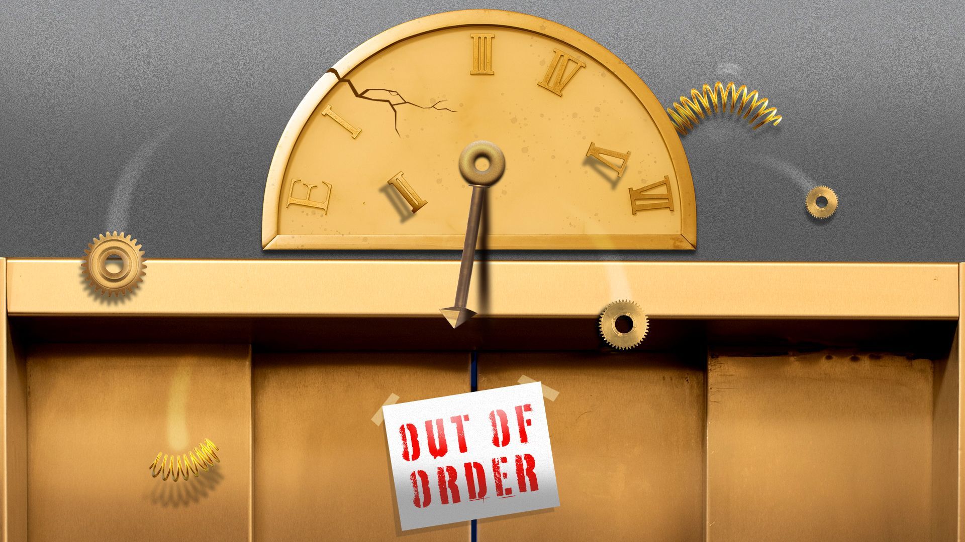 Illustration of an elevator with an "out of order" sign and various gears, springs, and cracks in it