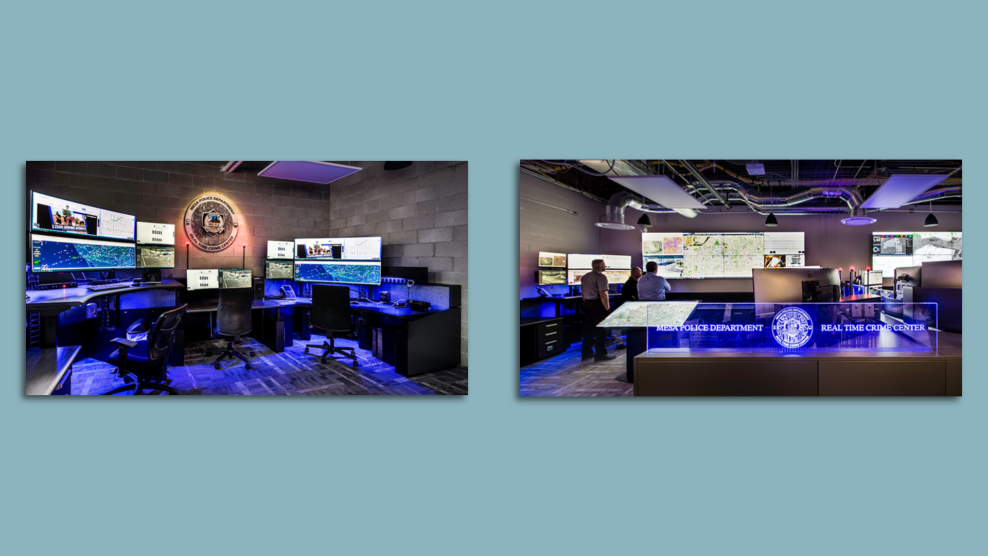 Side-by-side photos of a room with large computer screens.