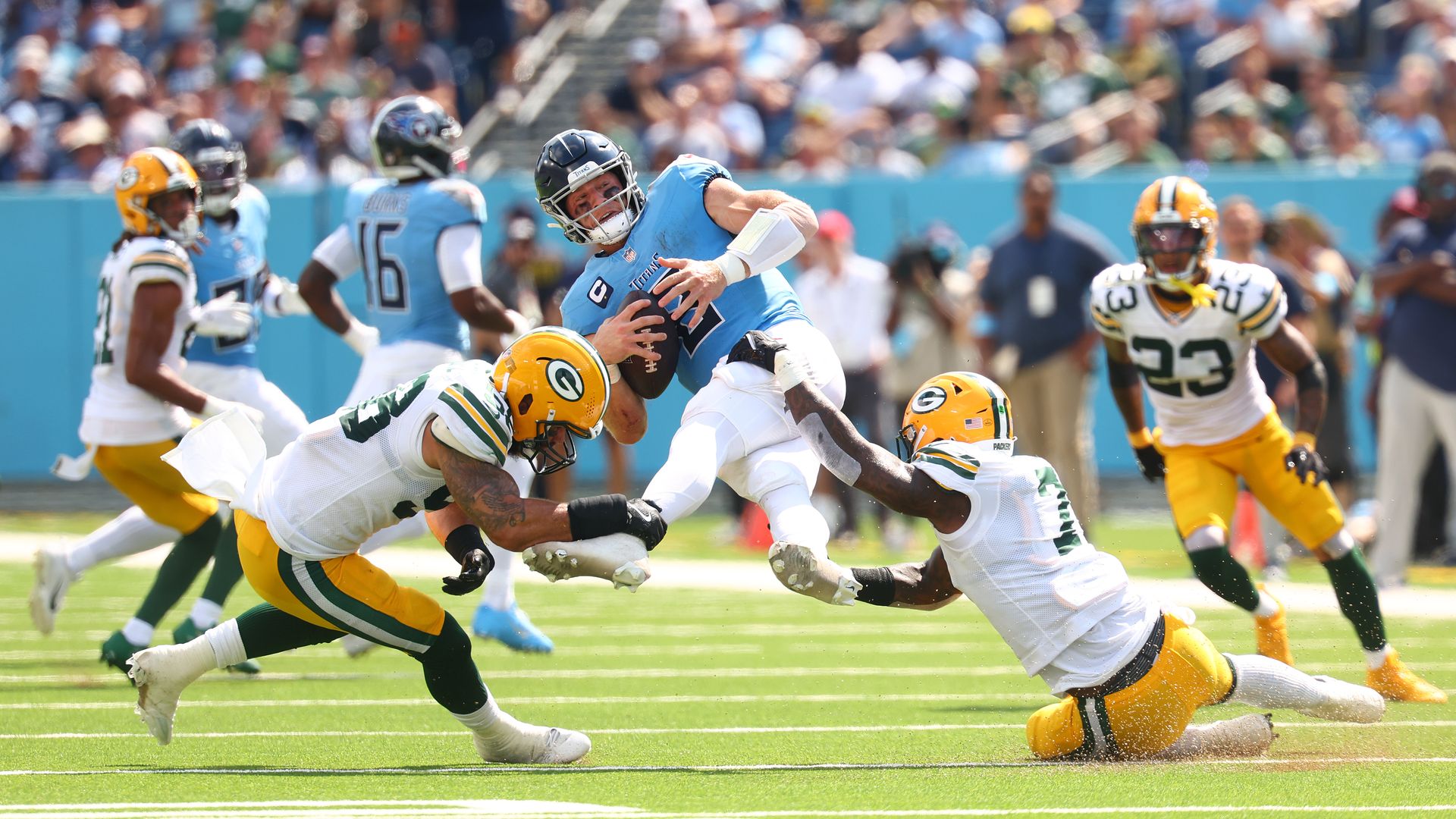 Will Levis takes a hard tackle during the Titans' loss to the Packers.