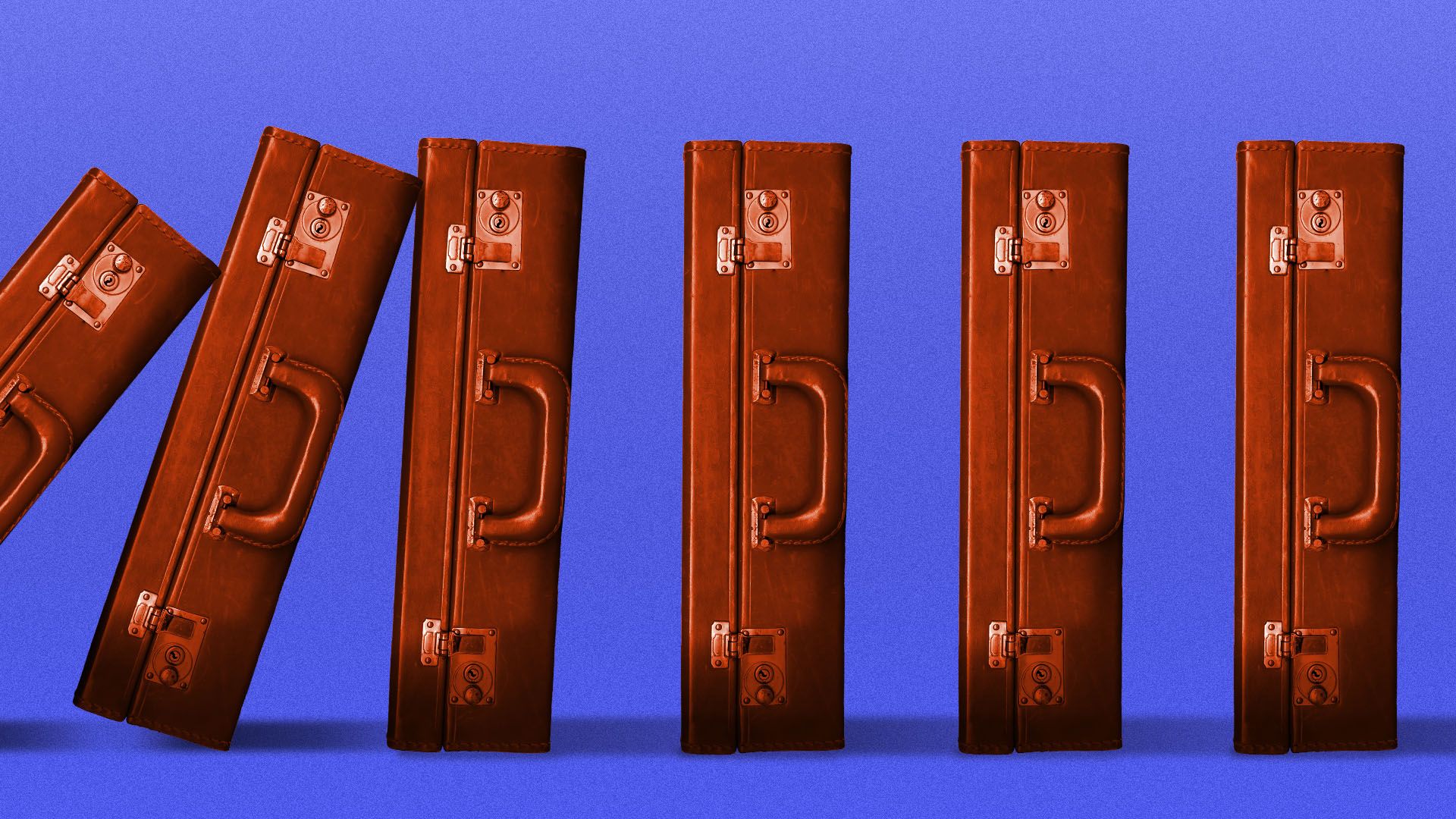 Illustration of a line of briefcases falling over like dominos