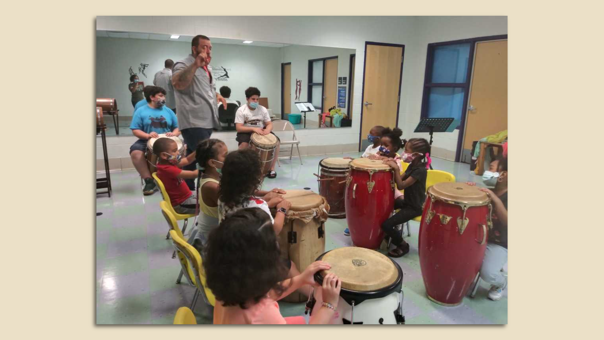 Students play drums at Philadelphia School District summer programming.