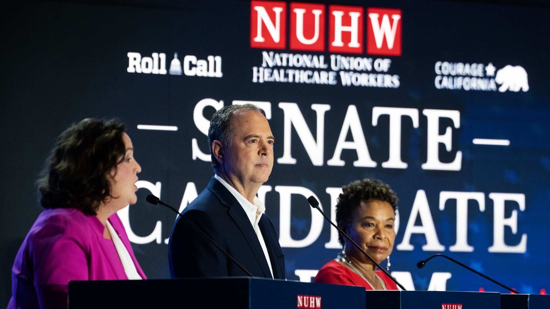 Reps. Katie Porter, left, Adam Schiff and Barbara Lee take part in a Senate forum last fall in downtown Los Angeles.