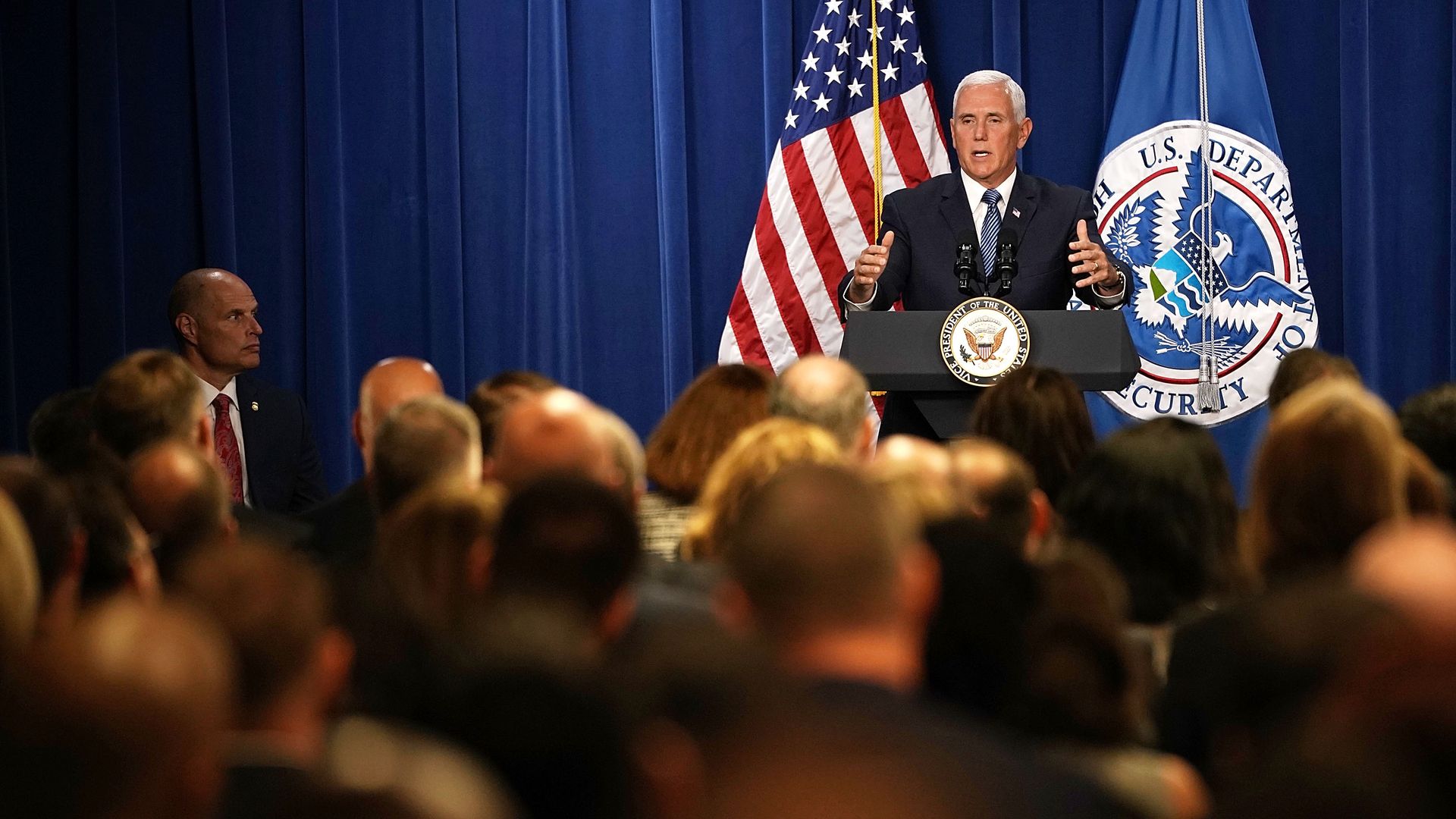 Vice President Pence speaking to a crowd at D.C.'s ICE headquarters. 
