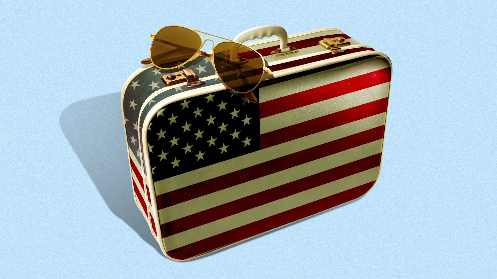 Illustration of a U.S. flag suitcase with a pair of aviator glasses on it