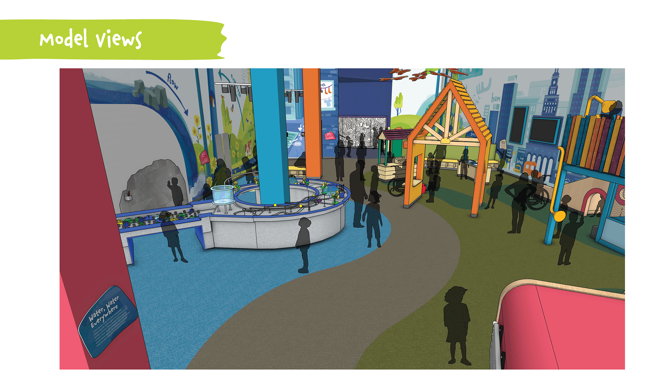 Colorful indoor educational exhibit with water features, interactive displays, and silhouettes of people exploring the space with blue and green flooring and a wooden structure in the center.