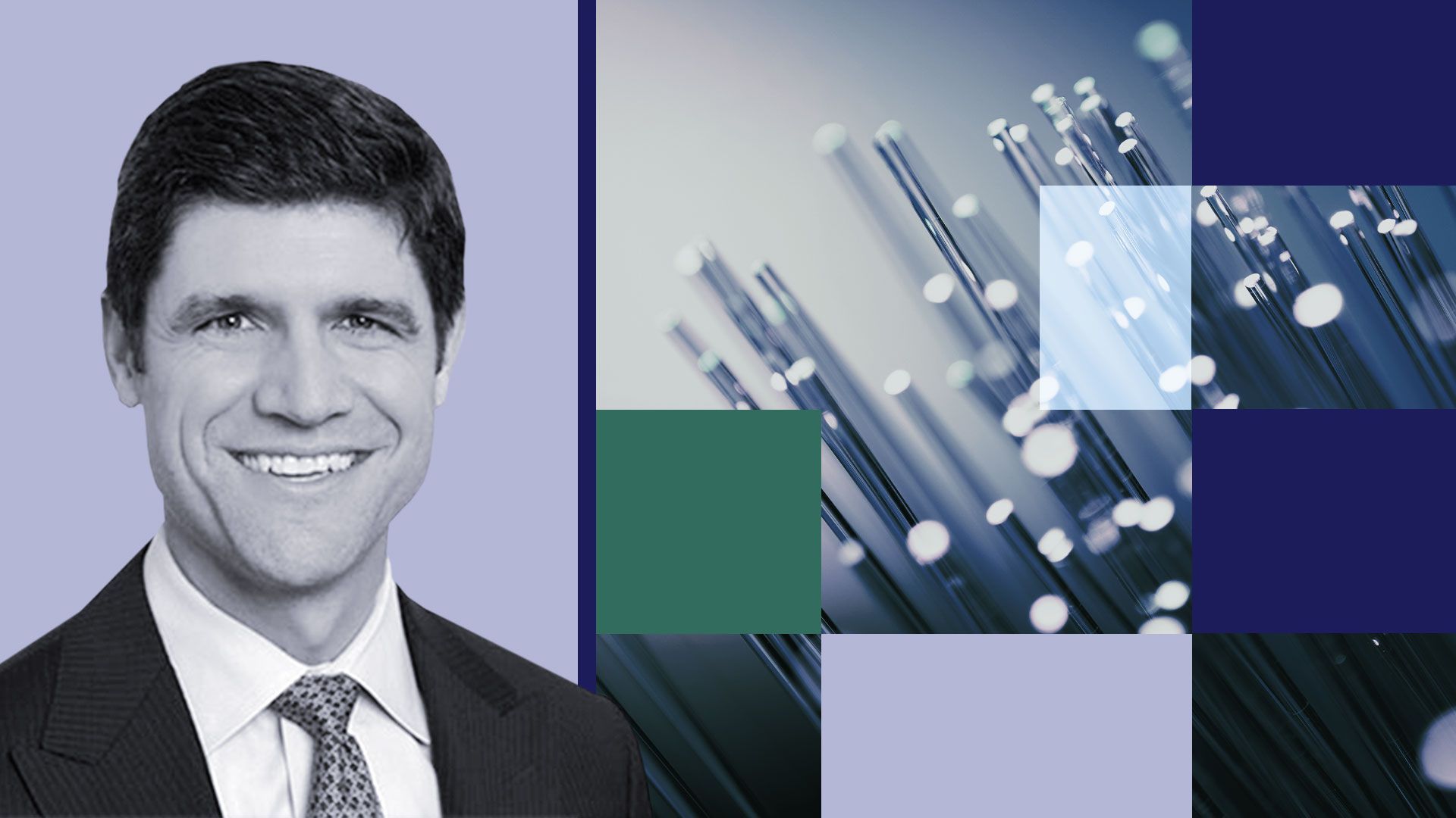 Photo illustration of Jason Hill with a close up image of fiber optic cables and abstract shapes.