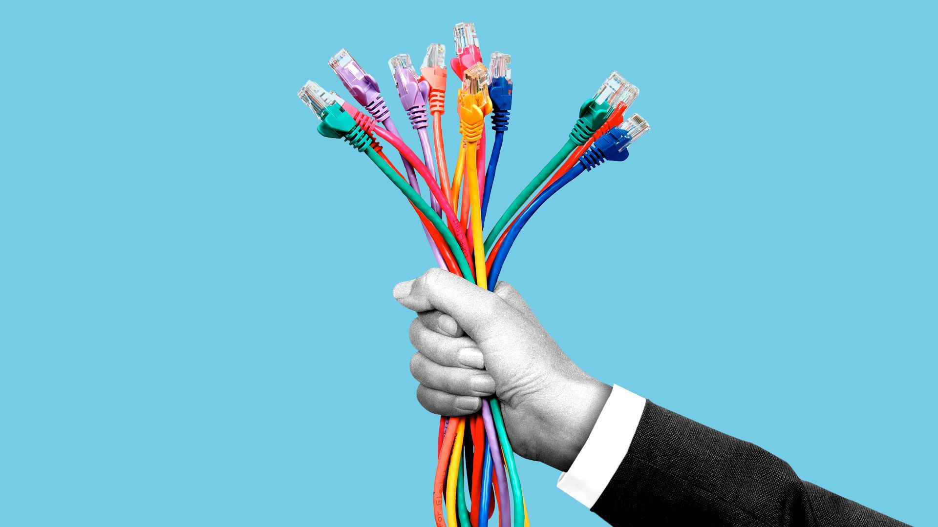 Illustration of a suited hand holding out a lot of ethernet cables.