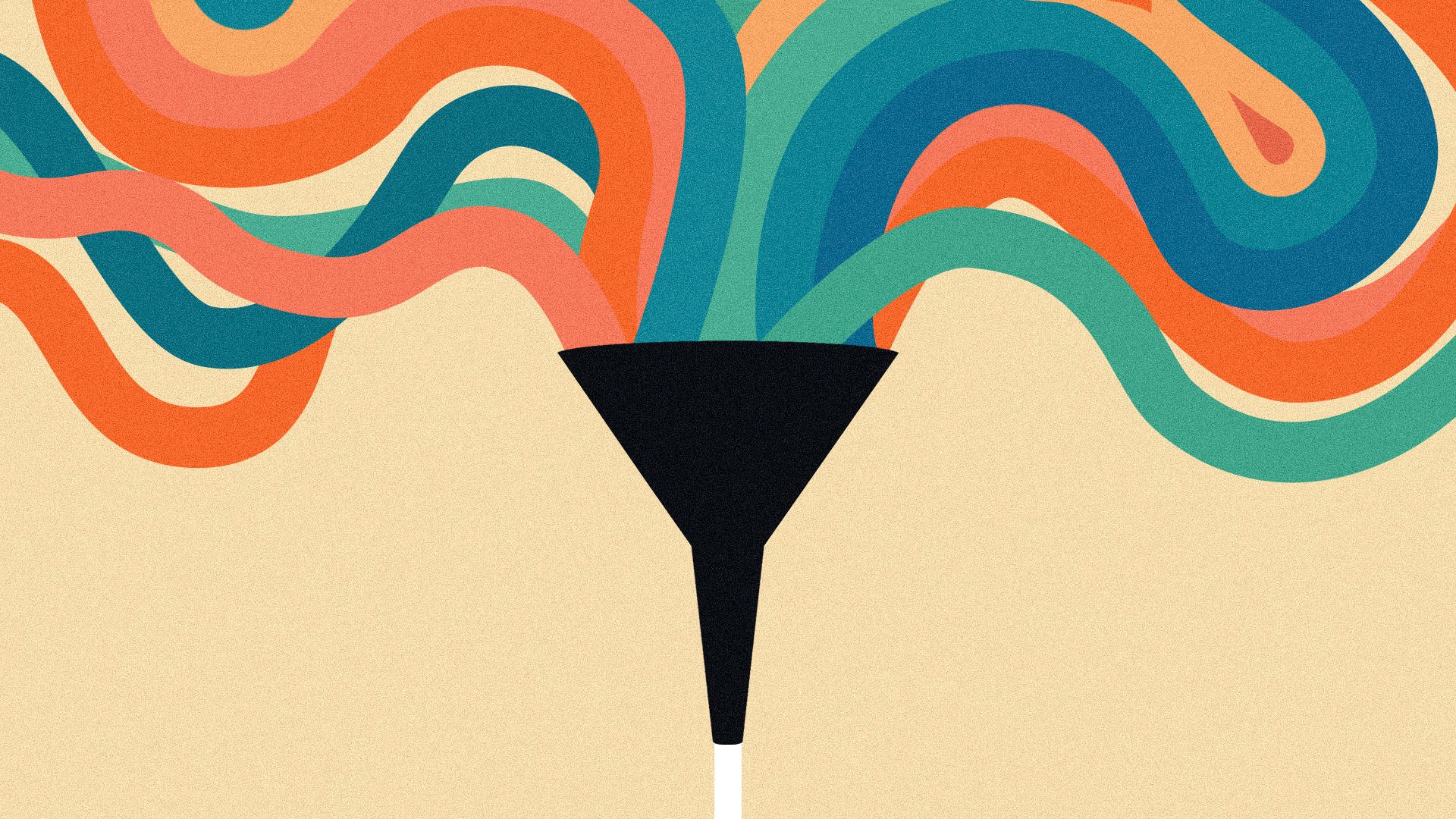 Illustration of abstract squiggle shapes feeding into a funnel that's emitting a white line