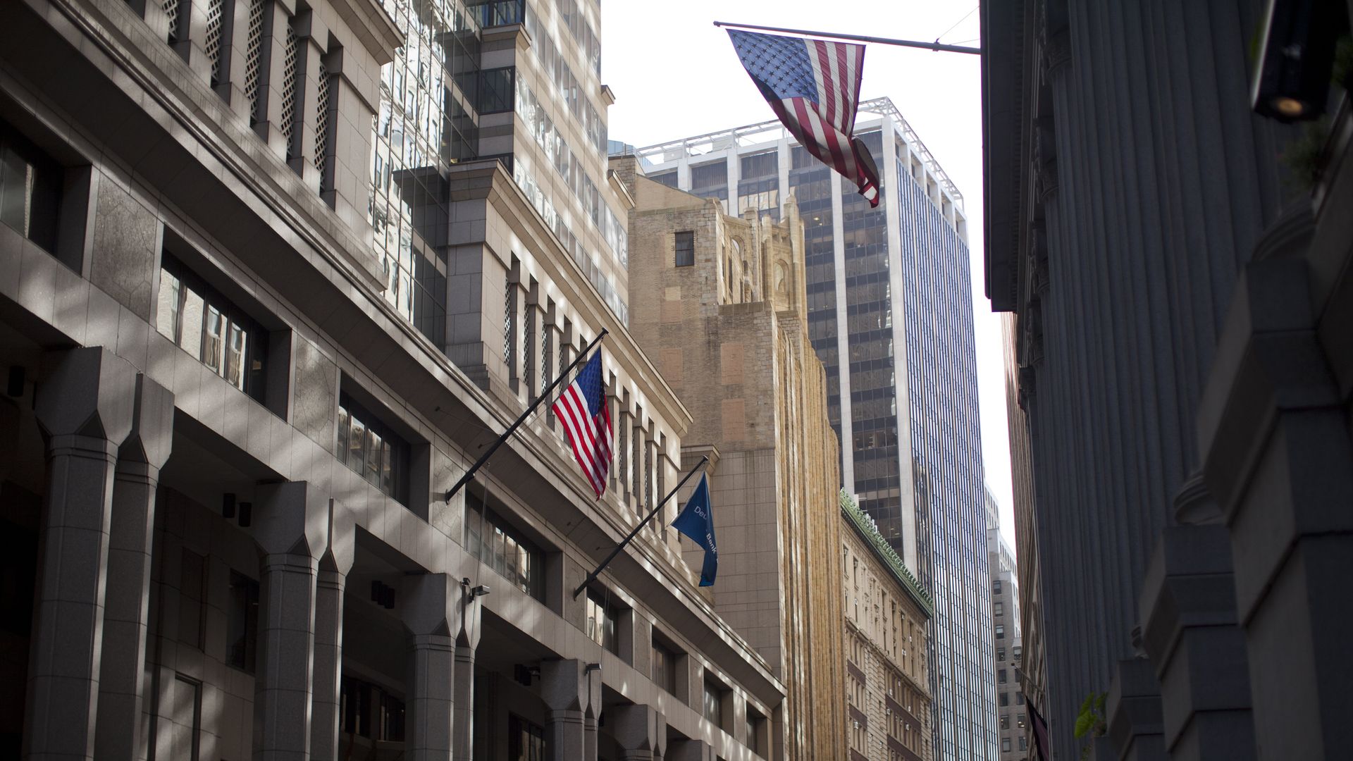 American flags hanging on Wall Street
