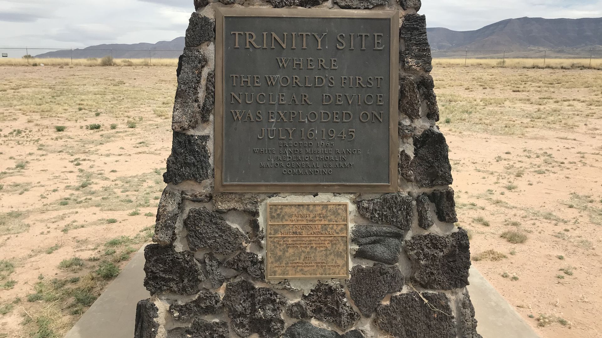 A photo of the monument at Ground Zero of Trinity Site, where the first nuclear bomb was teted