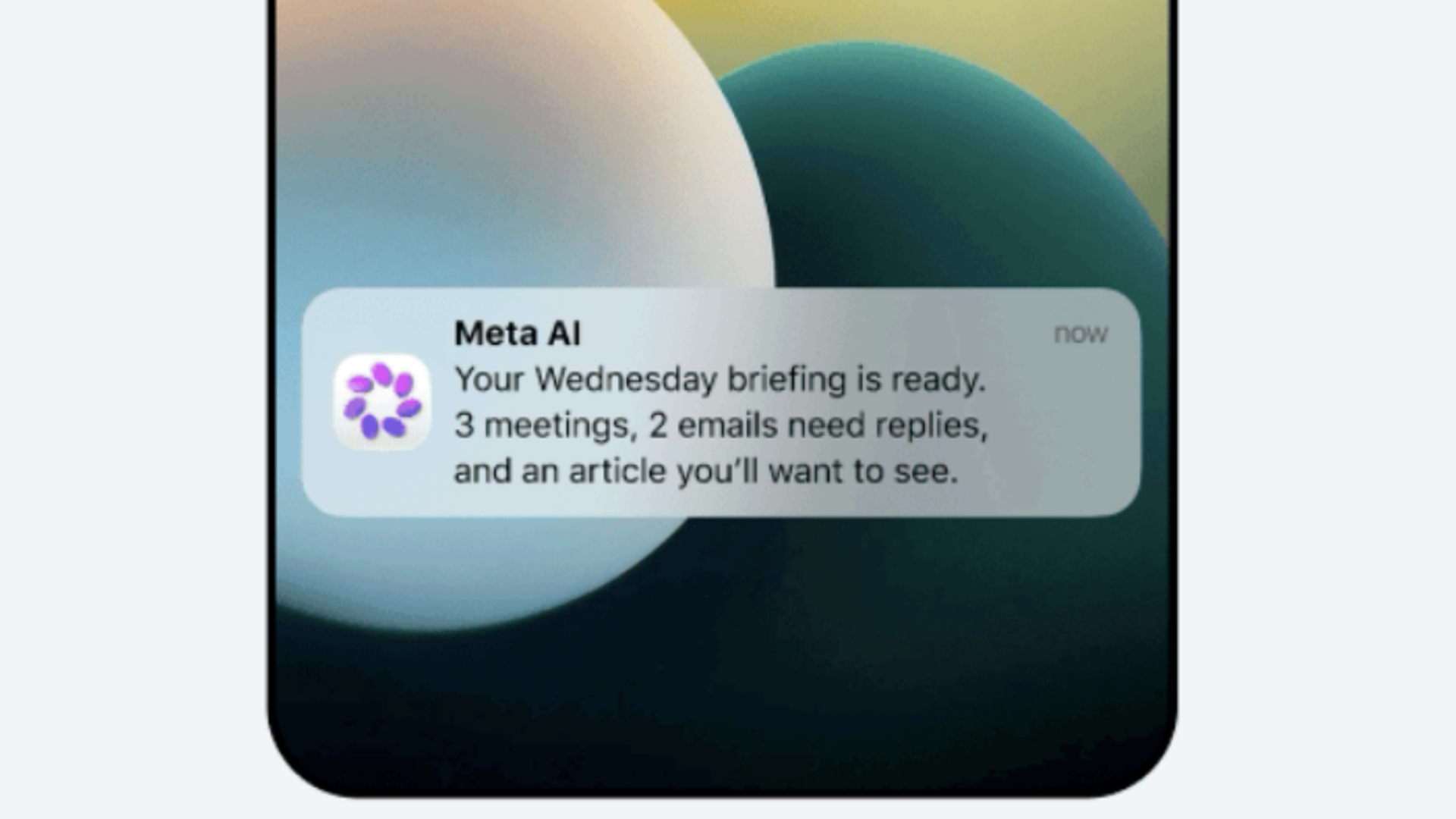 Rounded smartphone displays a pastel gradient wallpaper with a large orange sun and colorful spheres; time reads 9:41, date Wednesday, June 25, and a Meta AI notification at the bottom.