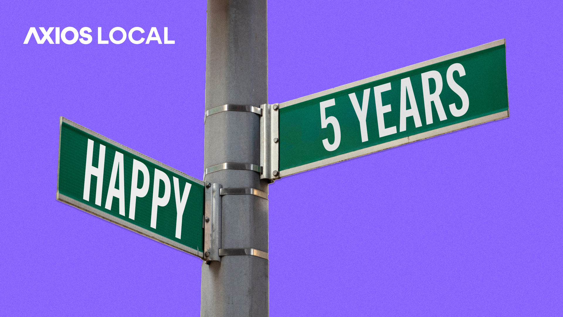 Intersecting street sign reflecting “Happy” and “5 Years” for Axios Local.