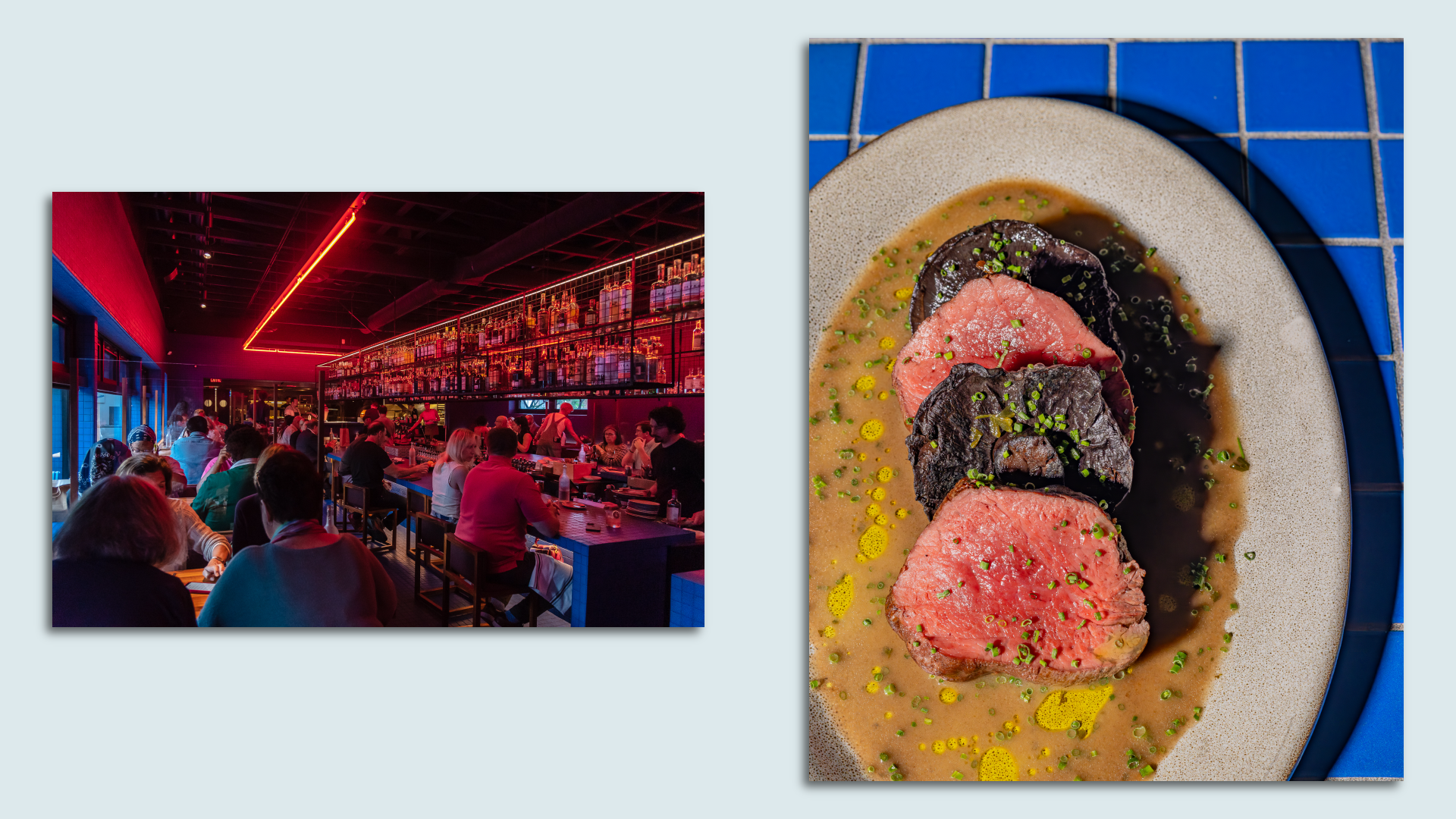 Barda's interior (left) and Barda's Lomo dish with tenderloin, portobello confit and truffle vinaigrette. 