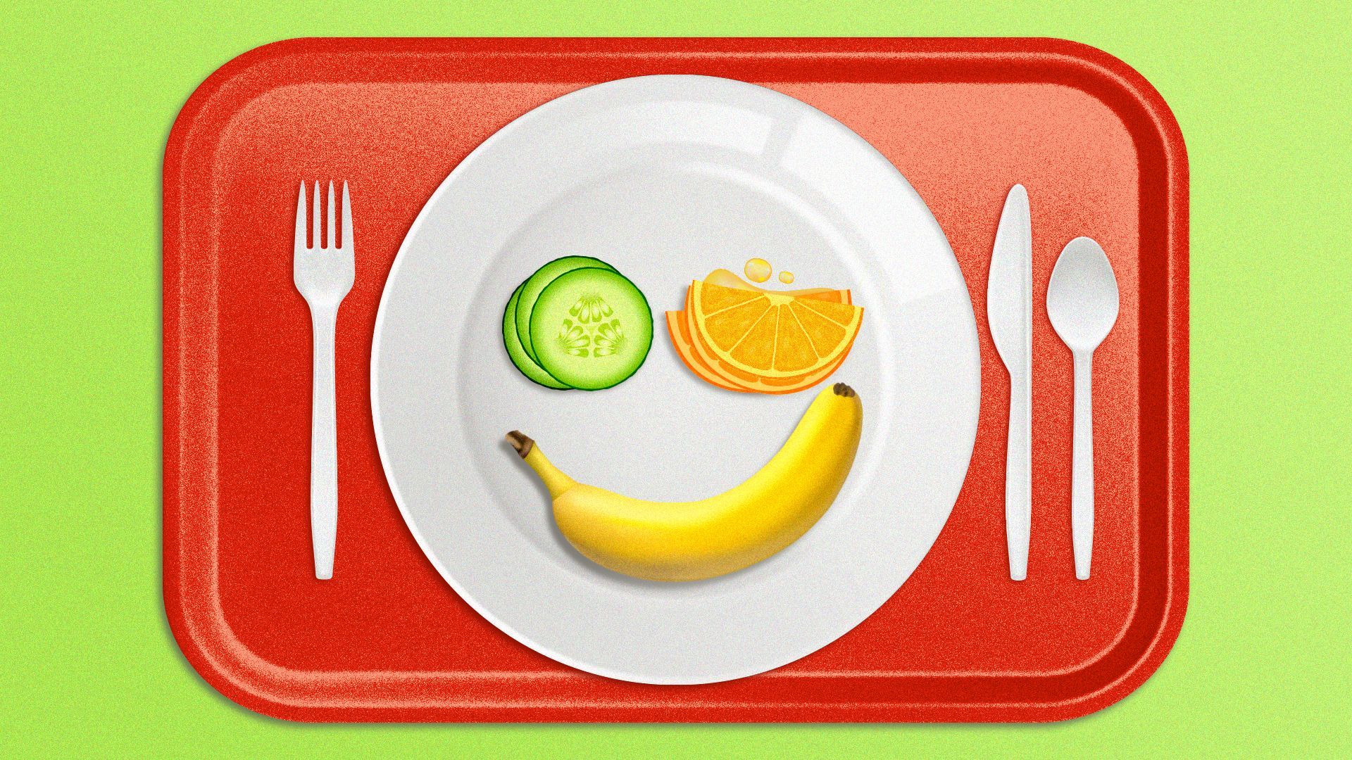 Illustration of a cafeteria lunch tray with a plate and silverware on it and on the plate there are fruits and vegetables making a smiley face.
