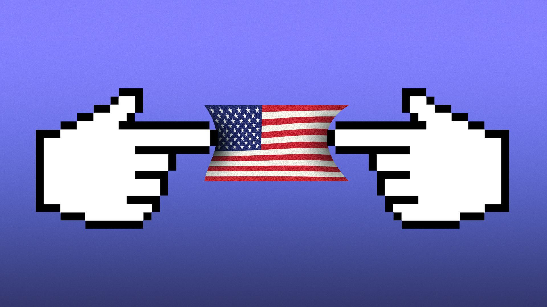 Illustration of two hand cursor arrows pushing an American flag into a squeezed shape