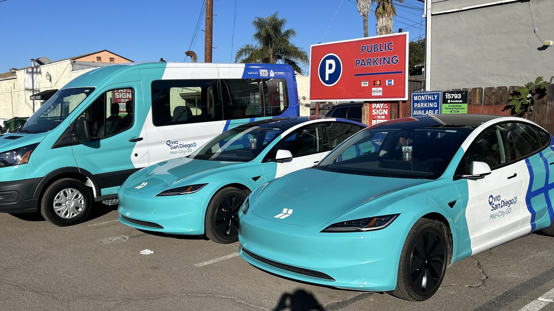 Two teslas and a van painted with teal, white and blue stripes