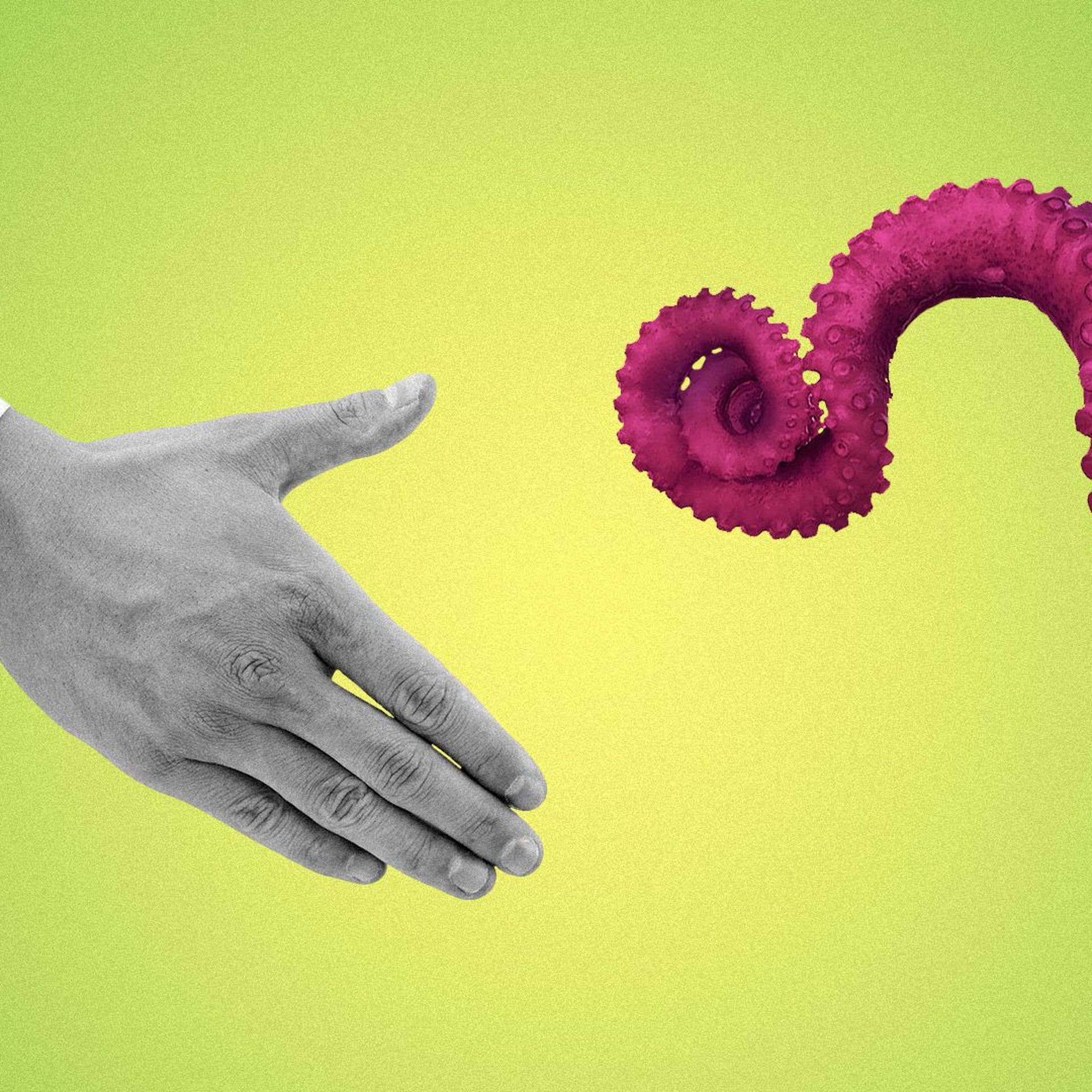 Illustration of a tentacle about to shake hands. 