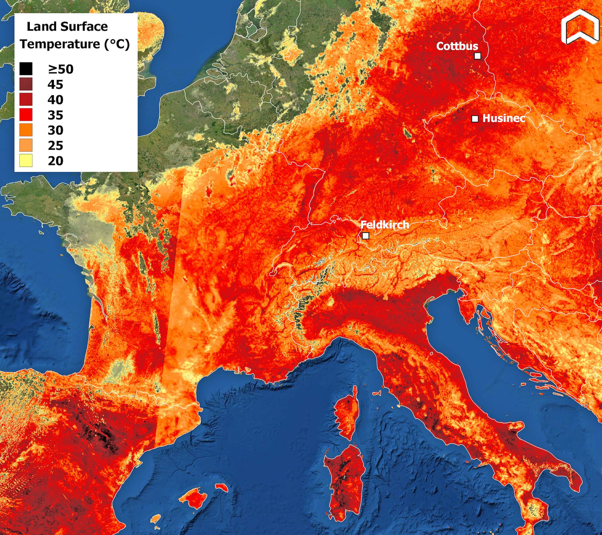 Satellite-derived image of land surface temperatures in Europe on June 19, 2022. 
