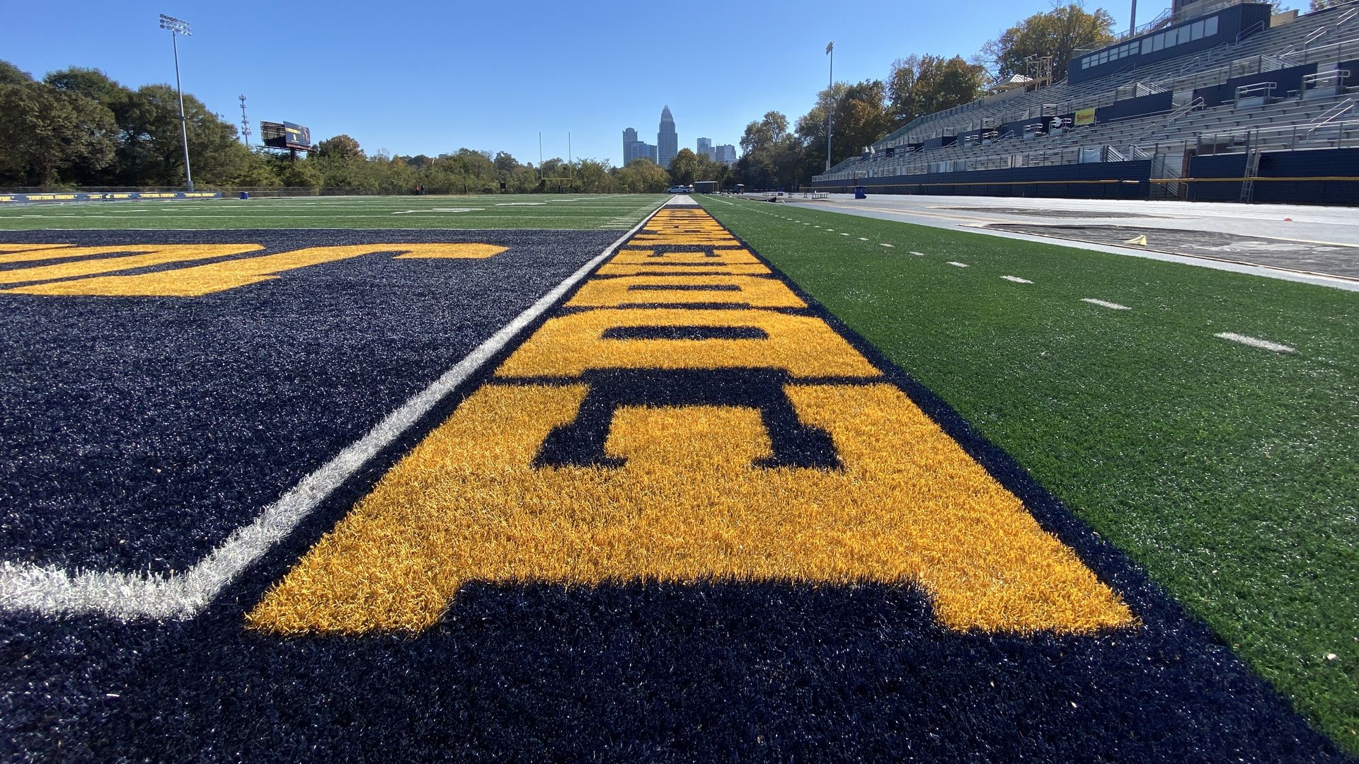 JCSU's field with a Charlotte skyline view.
