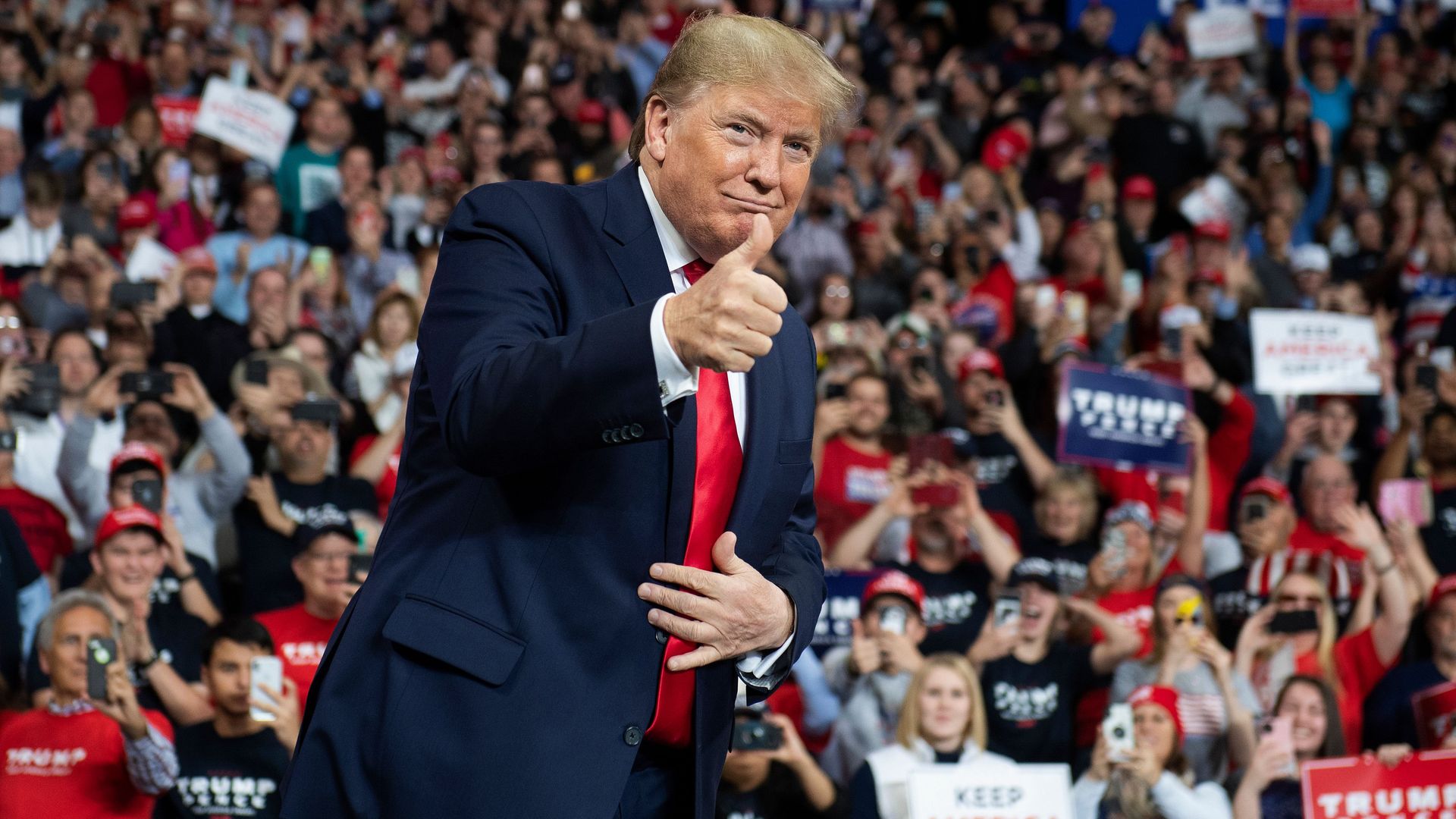 President Donald Trump arrives for a "Keep America Great" campaign rally at Huntington Center in Toledo, Ohio, on January 9