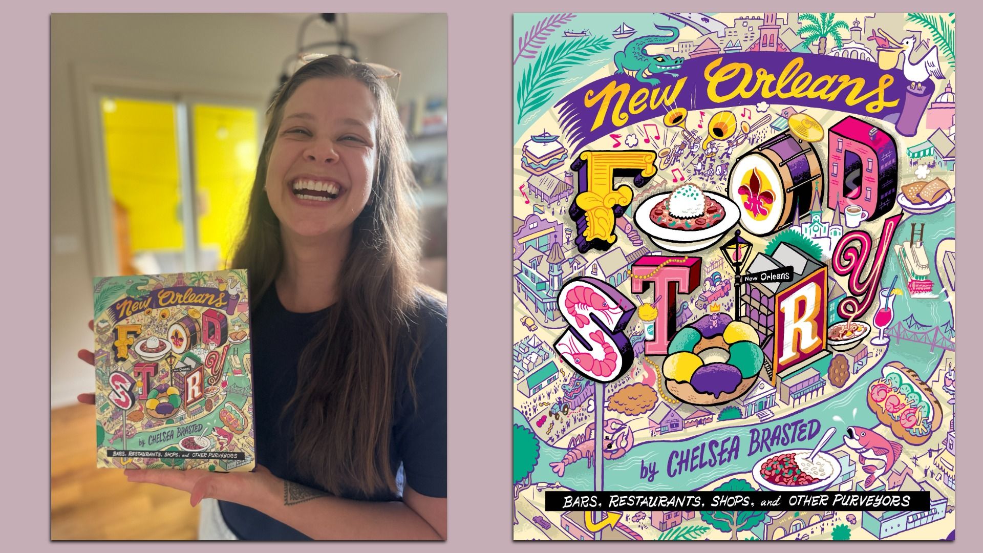 Two-panel image: left shows a smiling woman with glasses on her head, holding a bright illustrated booklet; right shows a bold New Orleans collage with yellow script, food, drums, and city icons.