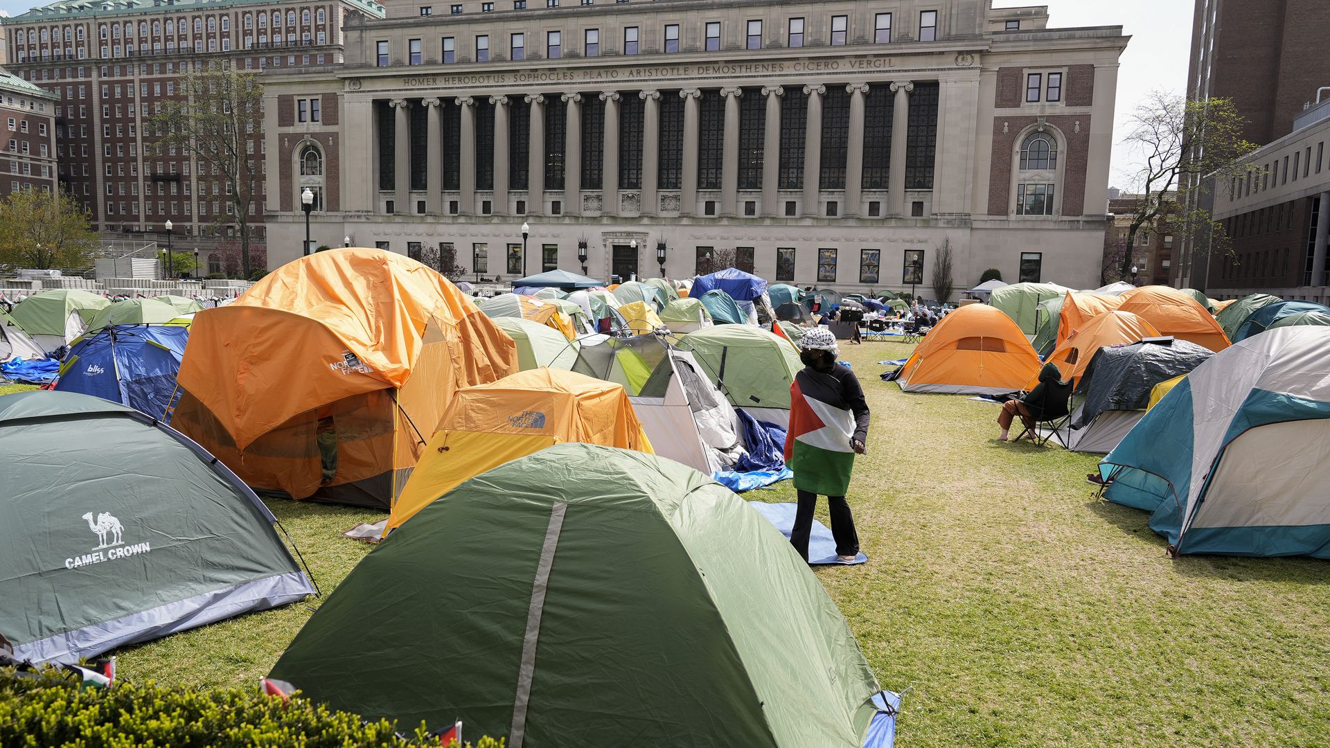Pro-Palestinian student protestors camp at Columbia University campus in New York City on April 30, 2024. New York police entered Columbia University's campus late April 30, 2024 and were in front of a building barricaded by pro-Palestinian student protesters, an AFP reporter saw. Dozens of people w