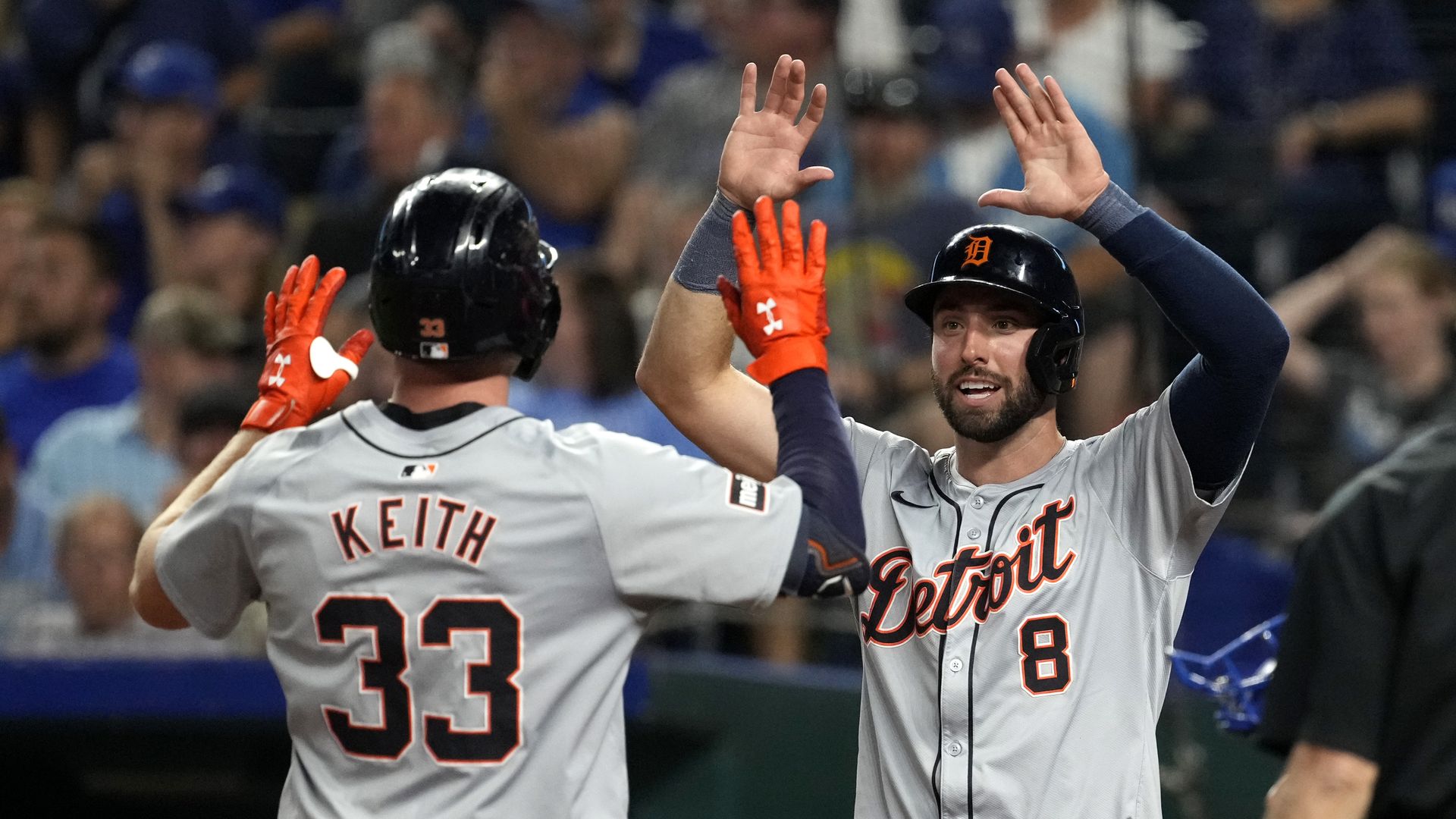 The Tigers' Colt Keith celebrates his two-run home run with Matt Vierling against the Kansas City Royals at Kauffman Stadium on Monday. 