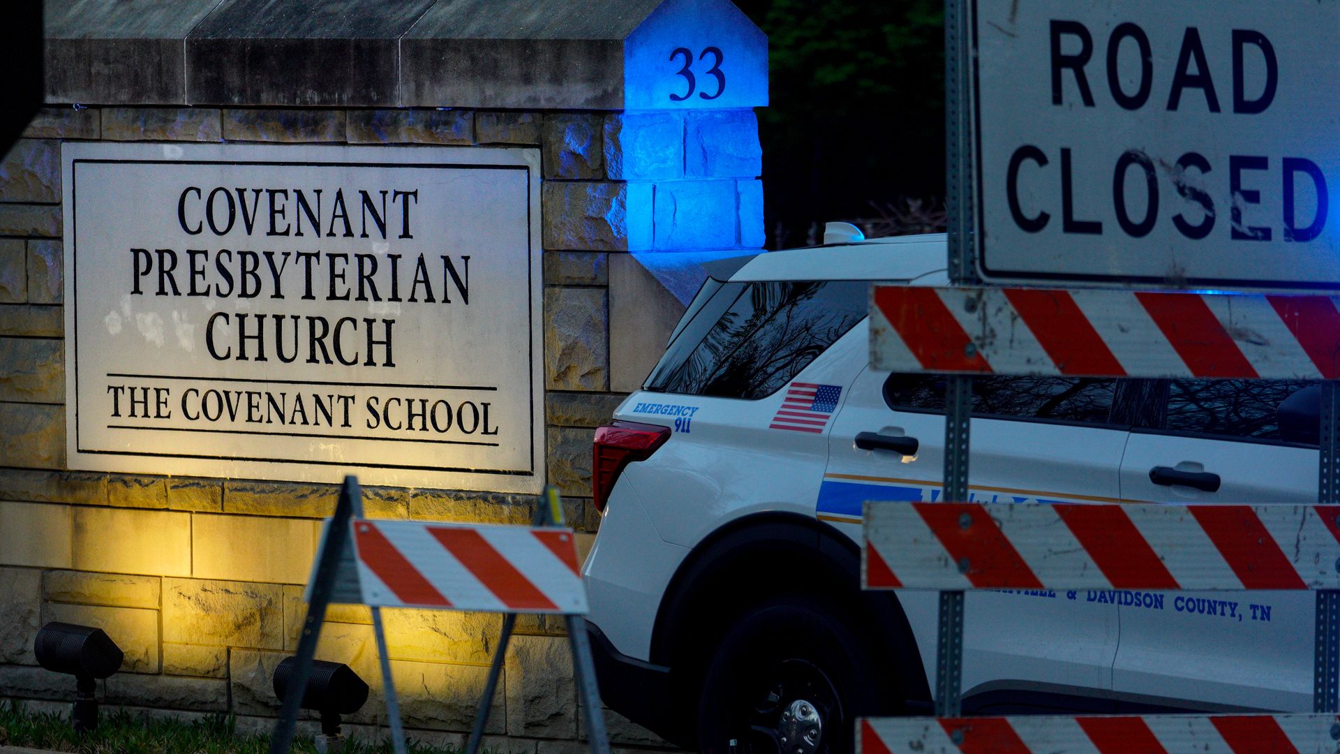 A police barricade at the entrance to The Covenant School last year