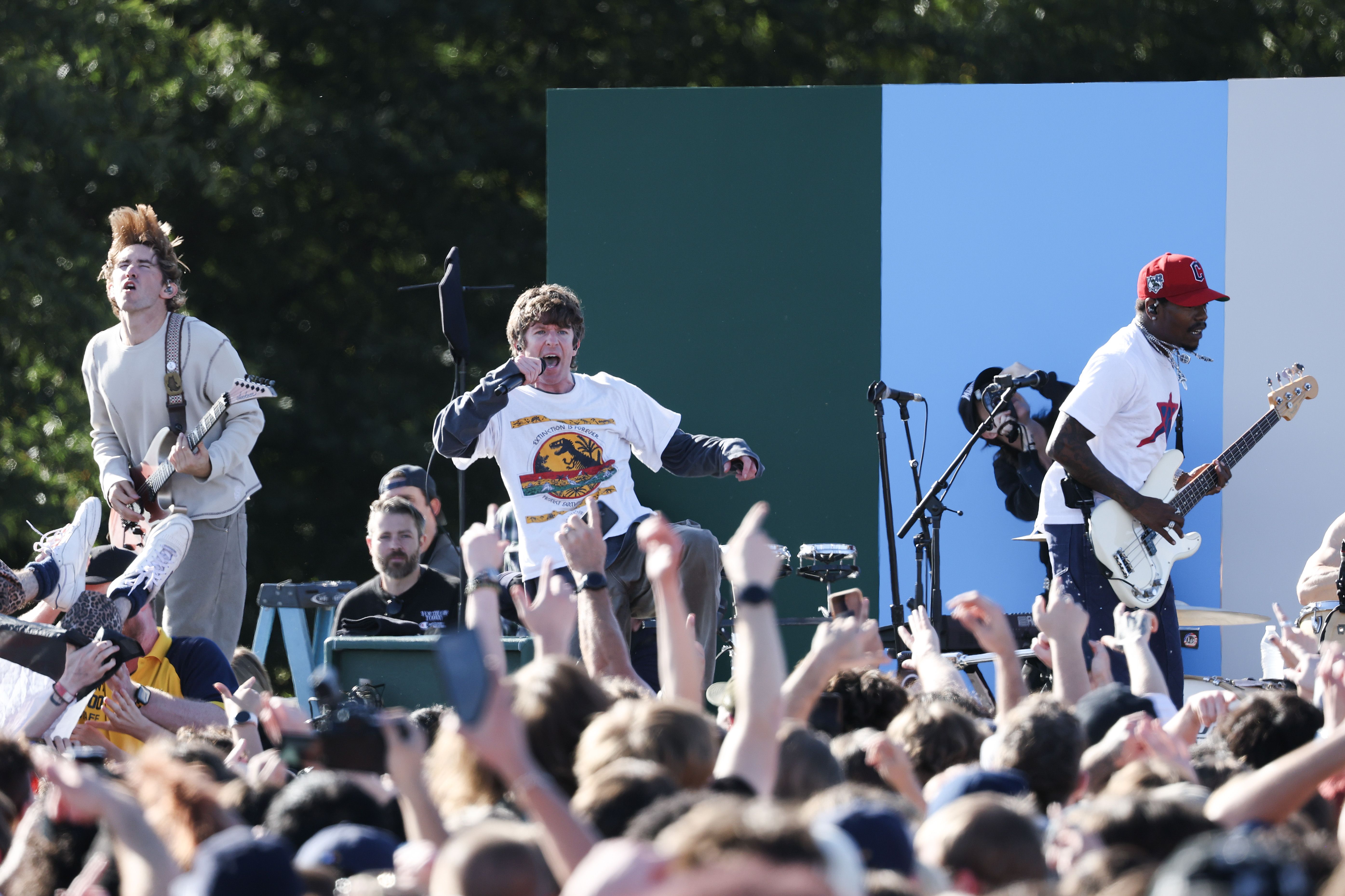  (L-R) Pat McCrory, Brendan Yates, and Franz Lyons of Turnstile perform at the Washington Monument