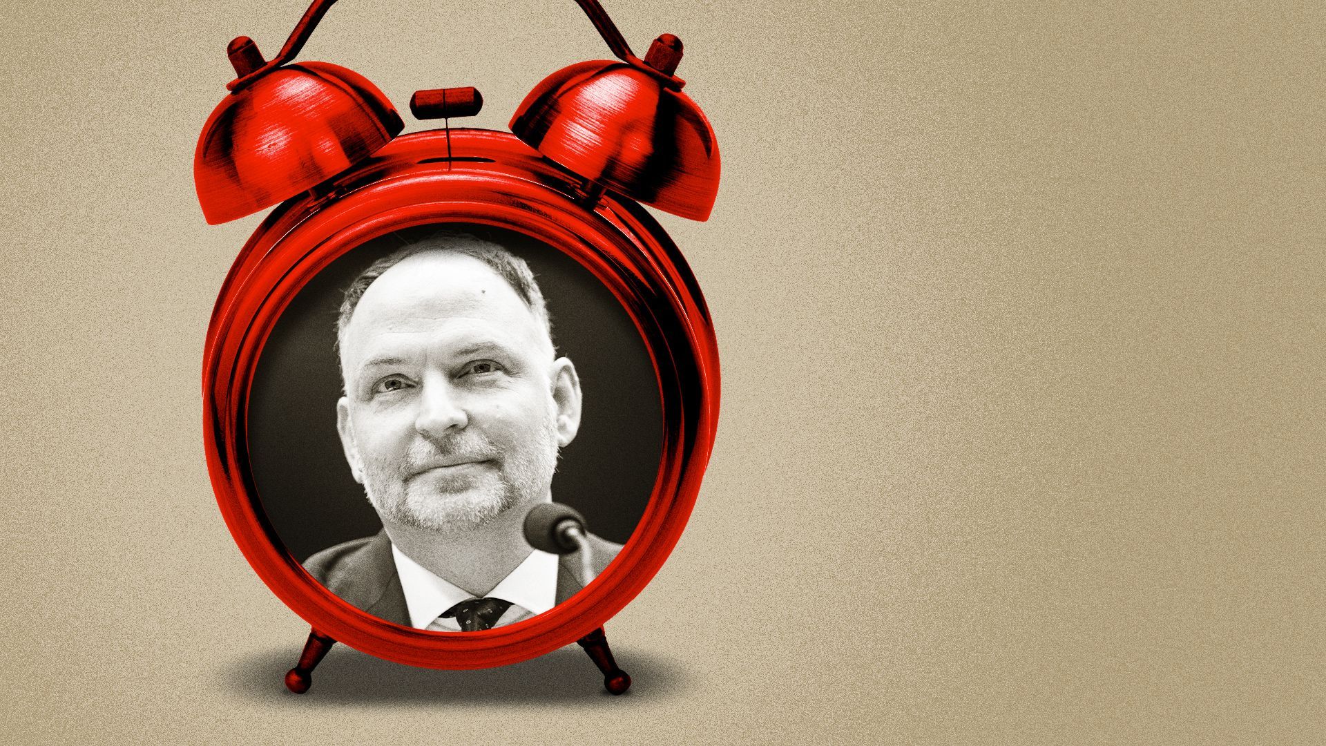 Photo illustration collage of Stephen Gardner inside a red alarm clock.