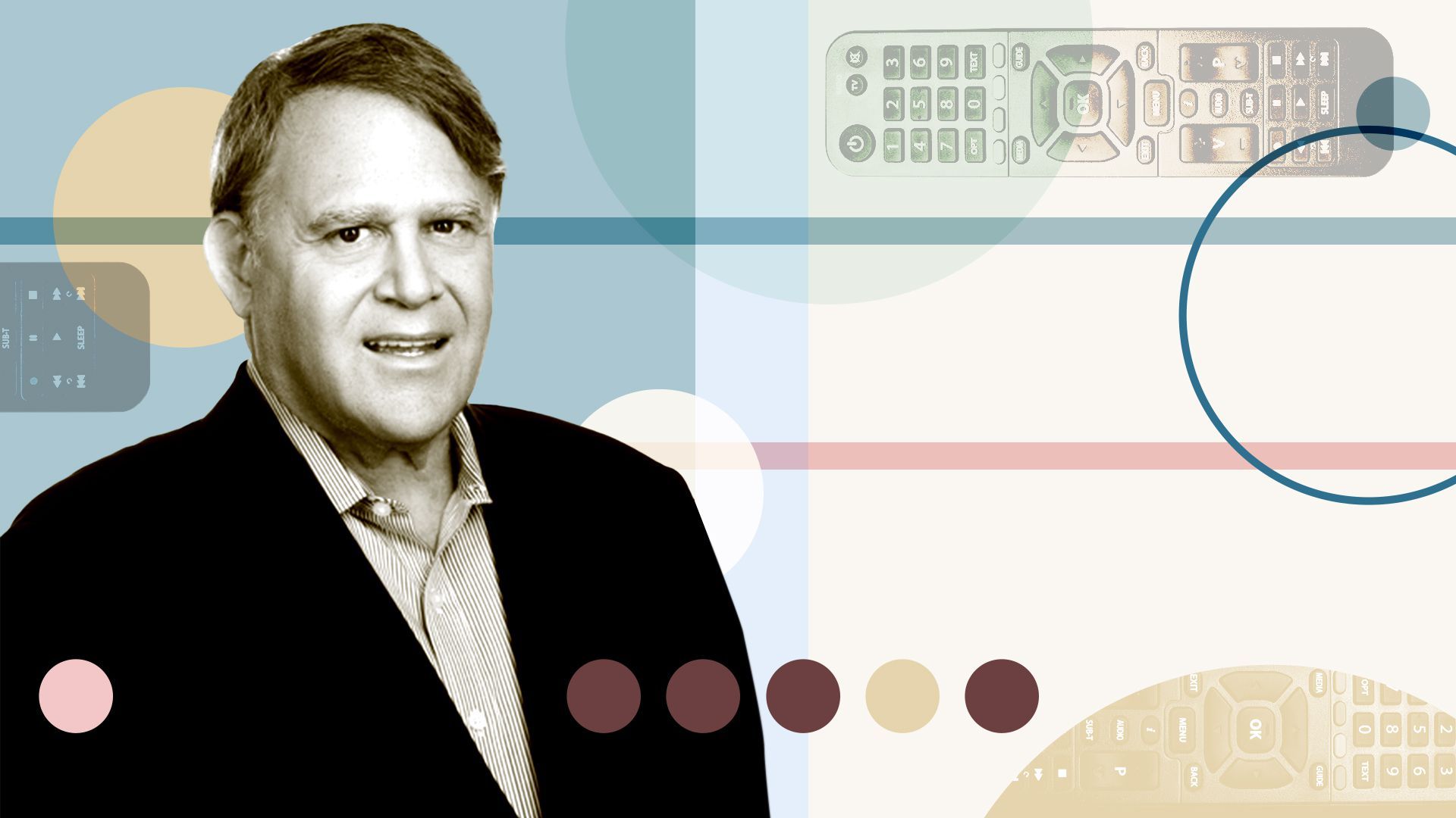 Photo illustration of Steve Blume, remote controls and abstract shapes.