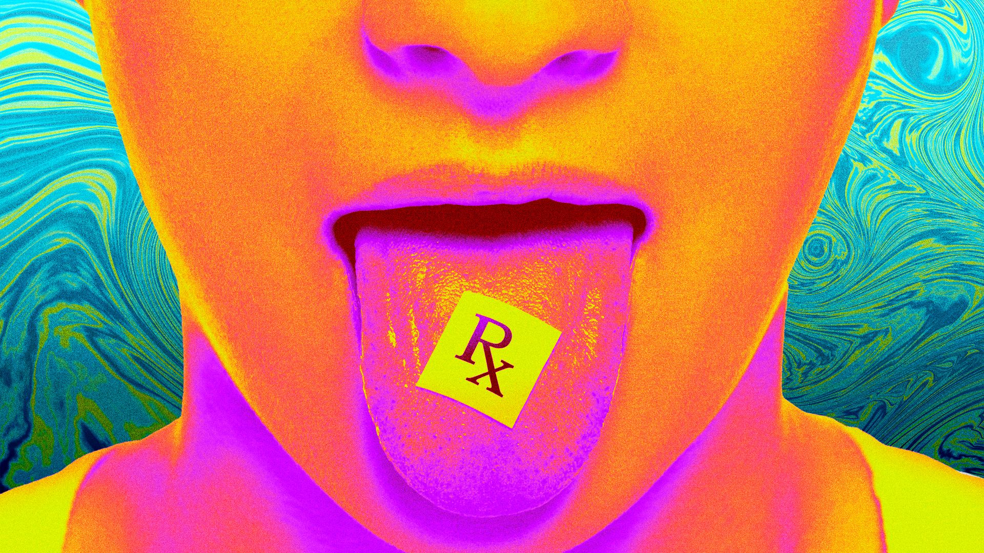 Illustration of a person with an LSD blotter on their tongue with "Rx" printed on it.