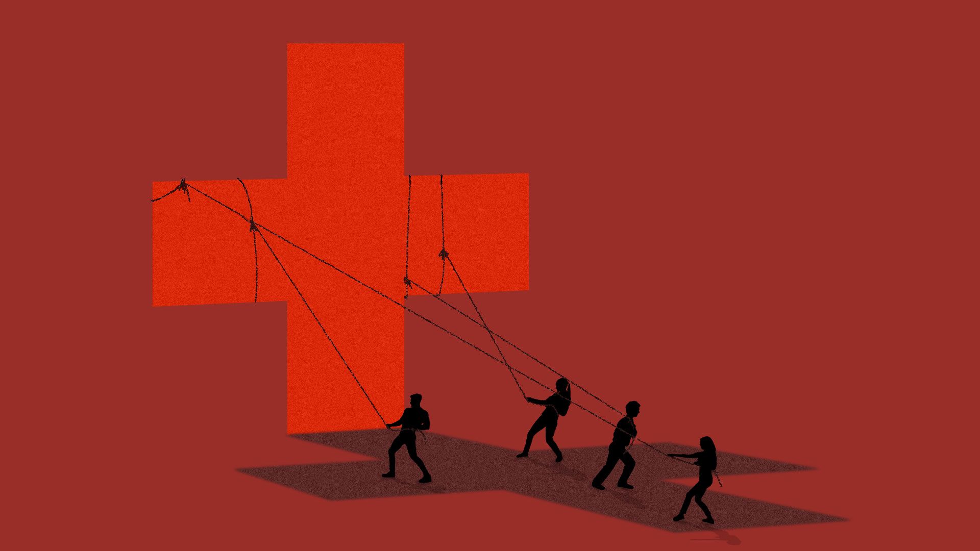 Hospital plus being pulled down by people. People are in the shadow of the plus.