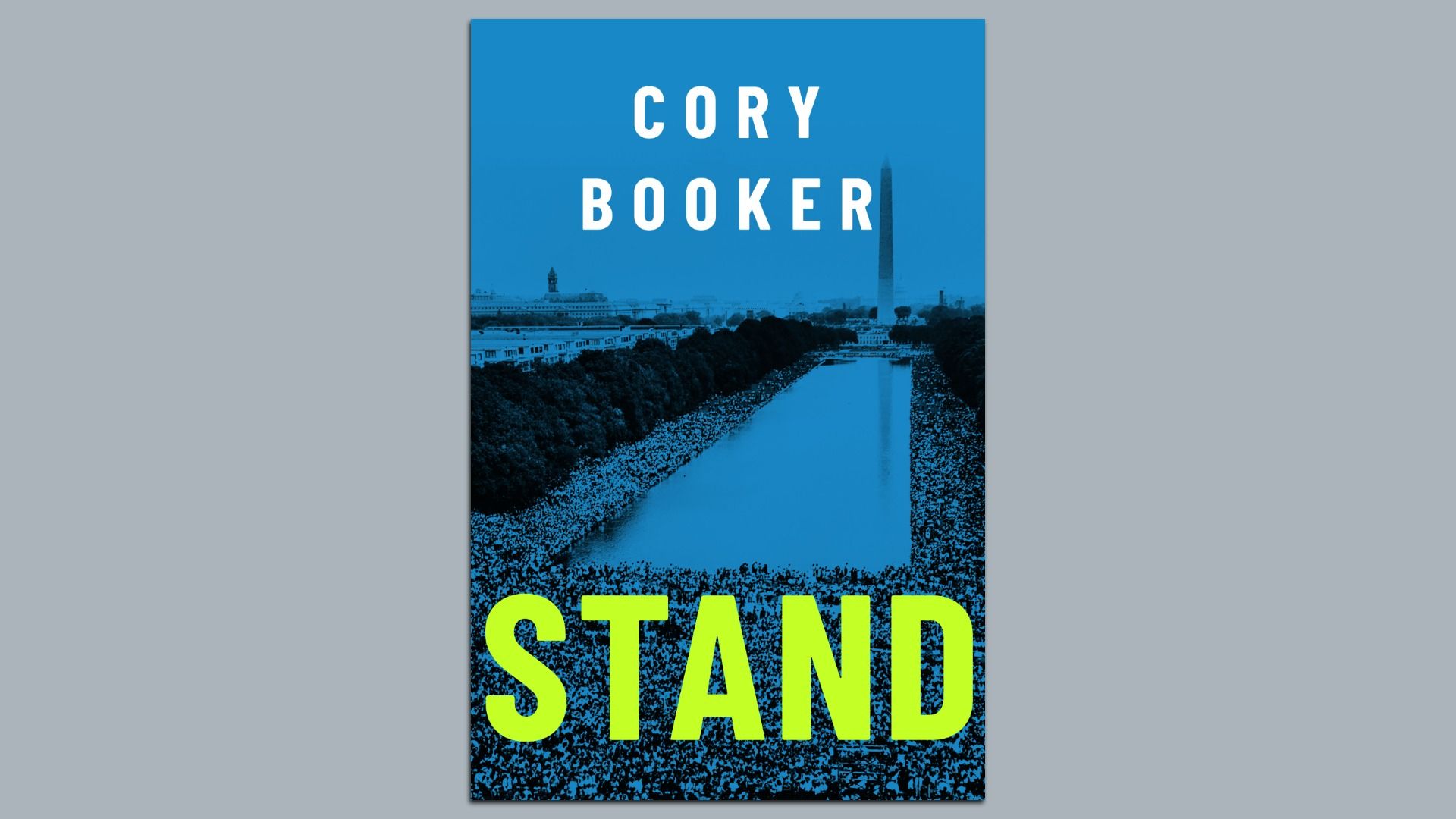 A book jacket of Cory Booker's book that says "Stand" in bright green letters against a blue background.