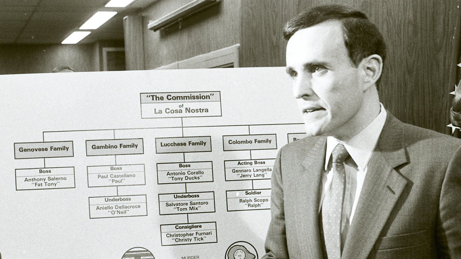 Then-FBI director William Webster (left) and Rudolph Giuliani, then-U.S. Attorney for the Southern District of New York (right), during a press conference on mob arrests in 1985. 