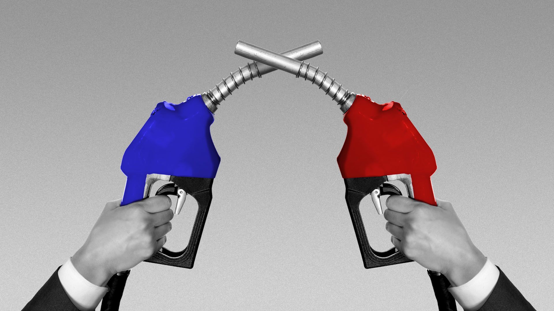Illustration of two hands in business suits holding different colored gas pumps nozzels